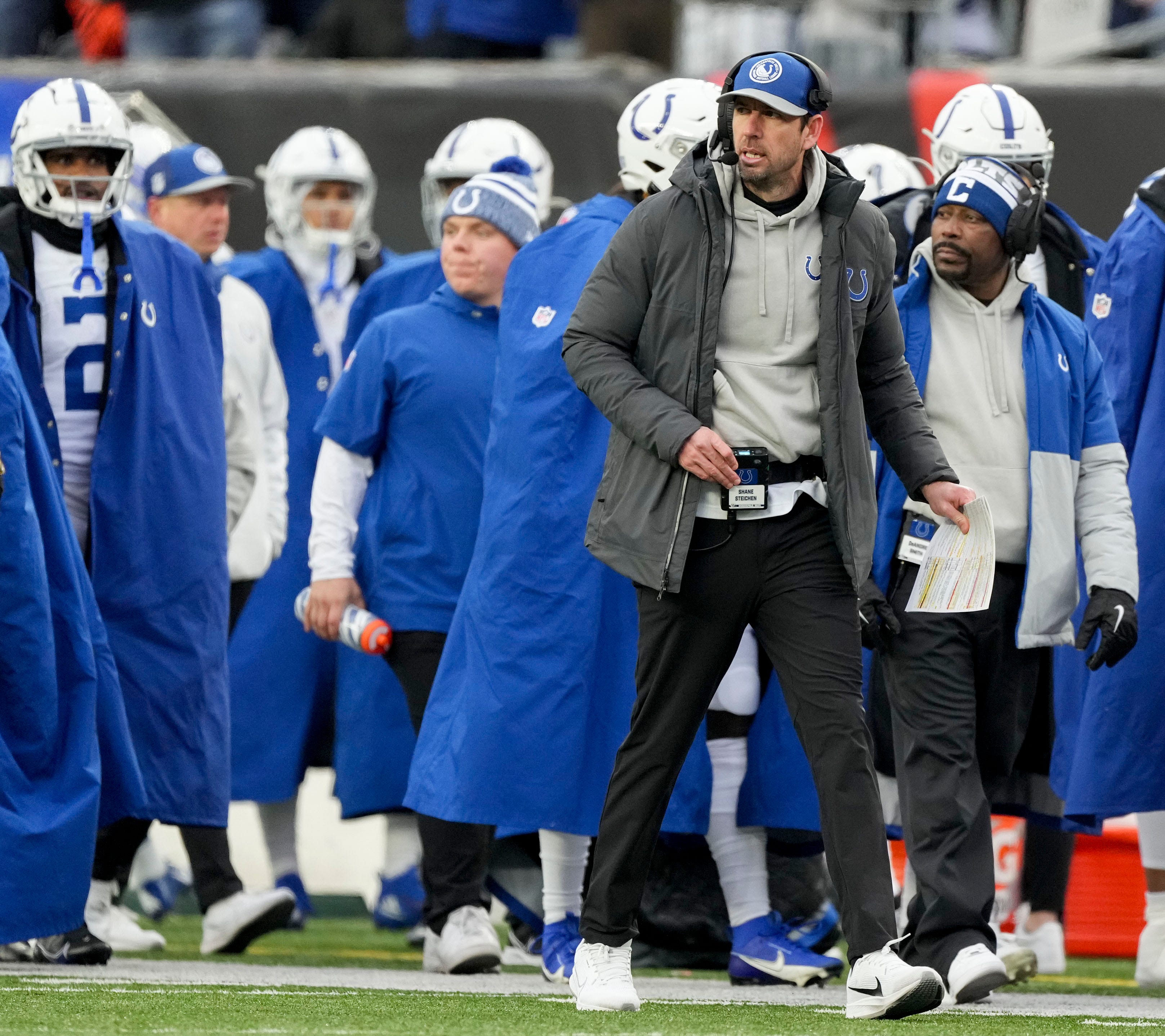 Indianapolis Colts head coach Shane Steichen walks the sideline Sunday, Dec. 10, 2023, during a game against the Cincinnati Bengals at Paycor Stadium in Cincinnati.