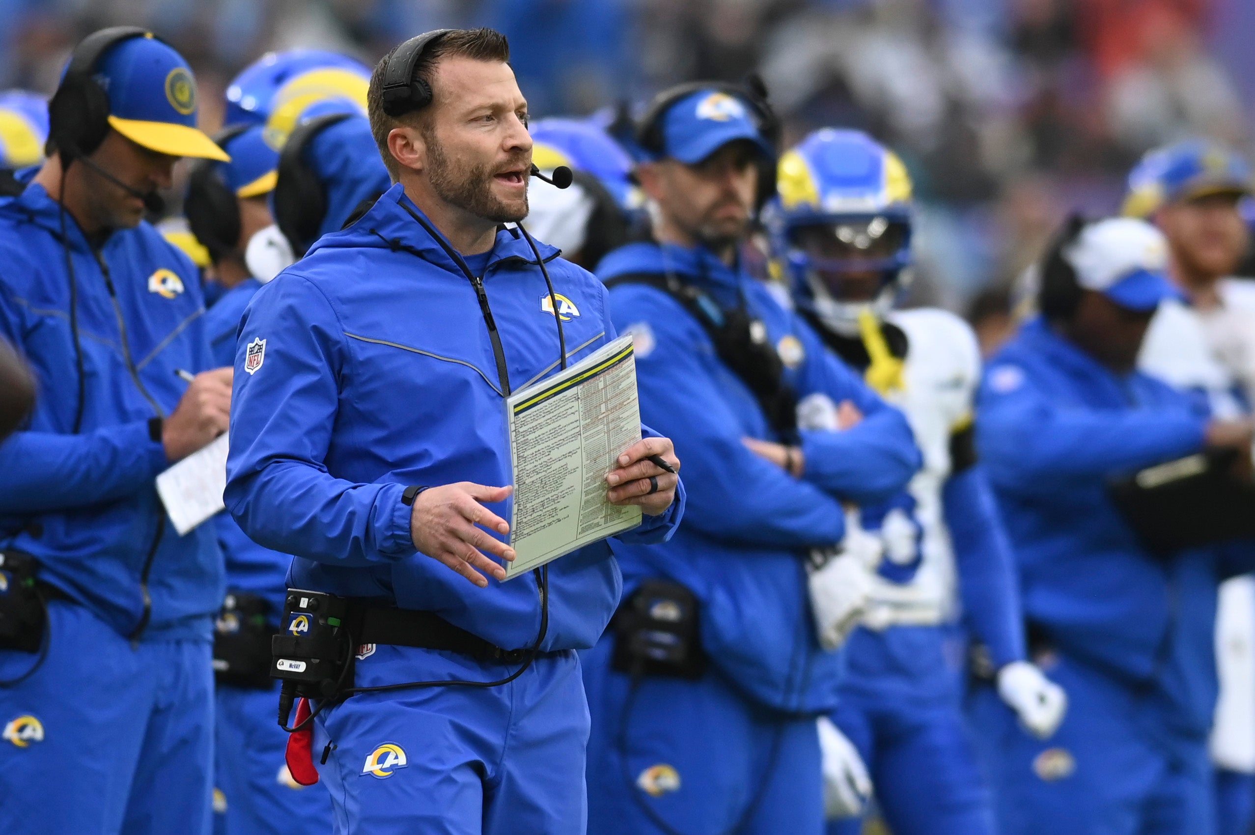 Dec 10, 2023; Baltimore, Maryland, USA; Los Angeles Rams head coach during Sean McVay looks onto the field durn the first quarter against the Baltimore Ravens at M&T Bank Stadium. Mandatory Credit: Tommy Gilligan-USA TODAY Sports