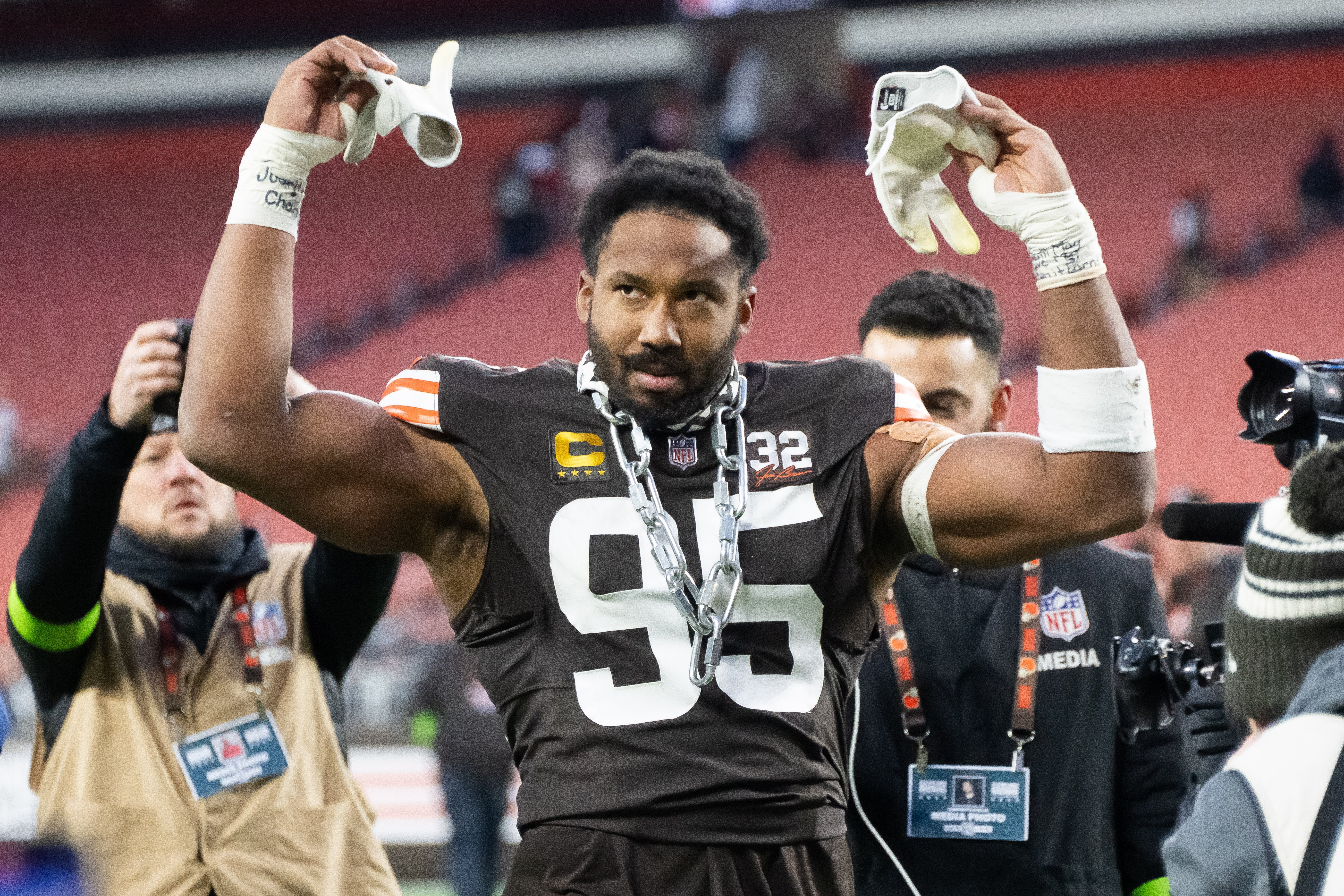 Dec 10, 2023; Cleveland, Ohio, USA; Cleveland Browns defensive end Myles Garrett (95) celebrates after the Browns beat the Jacksonville Jaguars at Cleveland Browns Stadium. Mandatory Credit: Ken Blaze-USA TODAY Sports