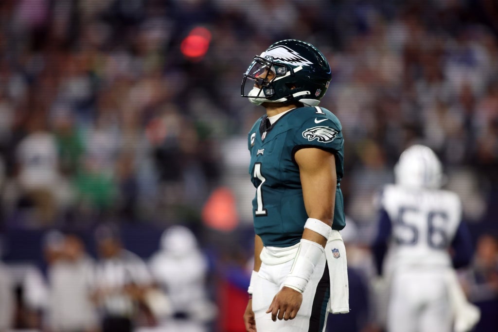 Philadelphia Eagles quarterback Jalen Hurts (1) reacts after a play in the game against the Dallas Cowboys at AT&T Stadium.