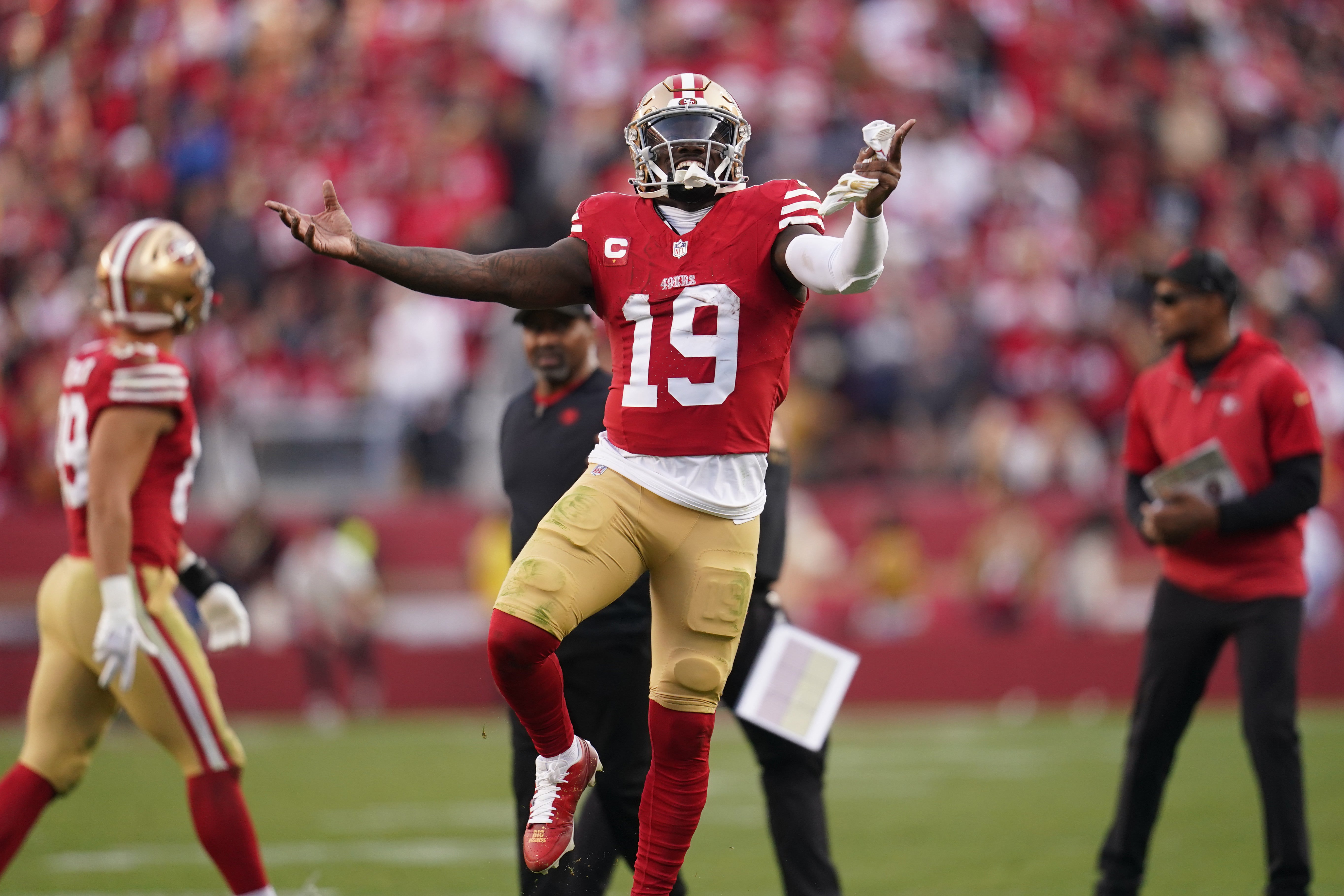 Dec 10, 2023; Santa Clara, California, USA; San Francisco 49ers wide receiver Deebo Samuel (19) jumps in the air during a break in the action against the Seattle Seahawks in the fourth quarter at Levi's Stadium.