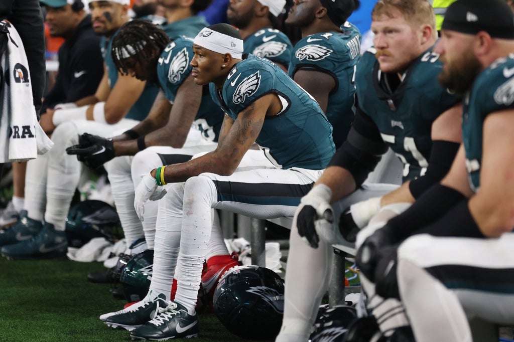 Philadelphia Eagles wide receiver DeVonta Smith (6) sits on the bench during the game against the Dallas Cowboys at AT&T Stadium.