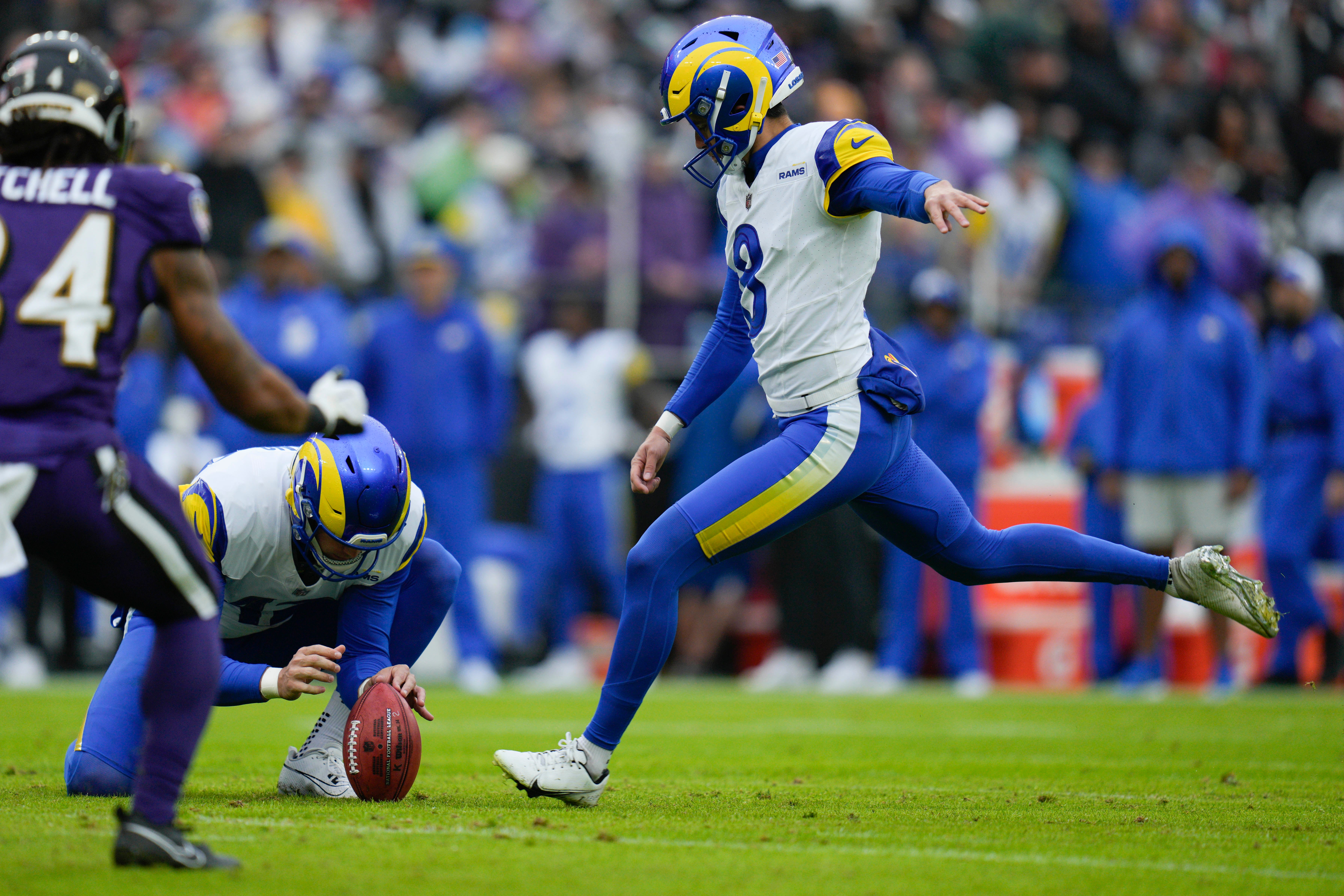 Dec 10, 2023; Baltimore, Maryland, USA; Los Angeles Rams place kicker Lucas Havrisik (8) kicks against the Baltimore Ravens during the first quarter at M&T Bank Stadium. Mandatory Credit: Jessica Rapfogel-USA TODAY Sports