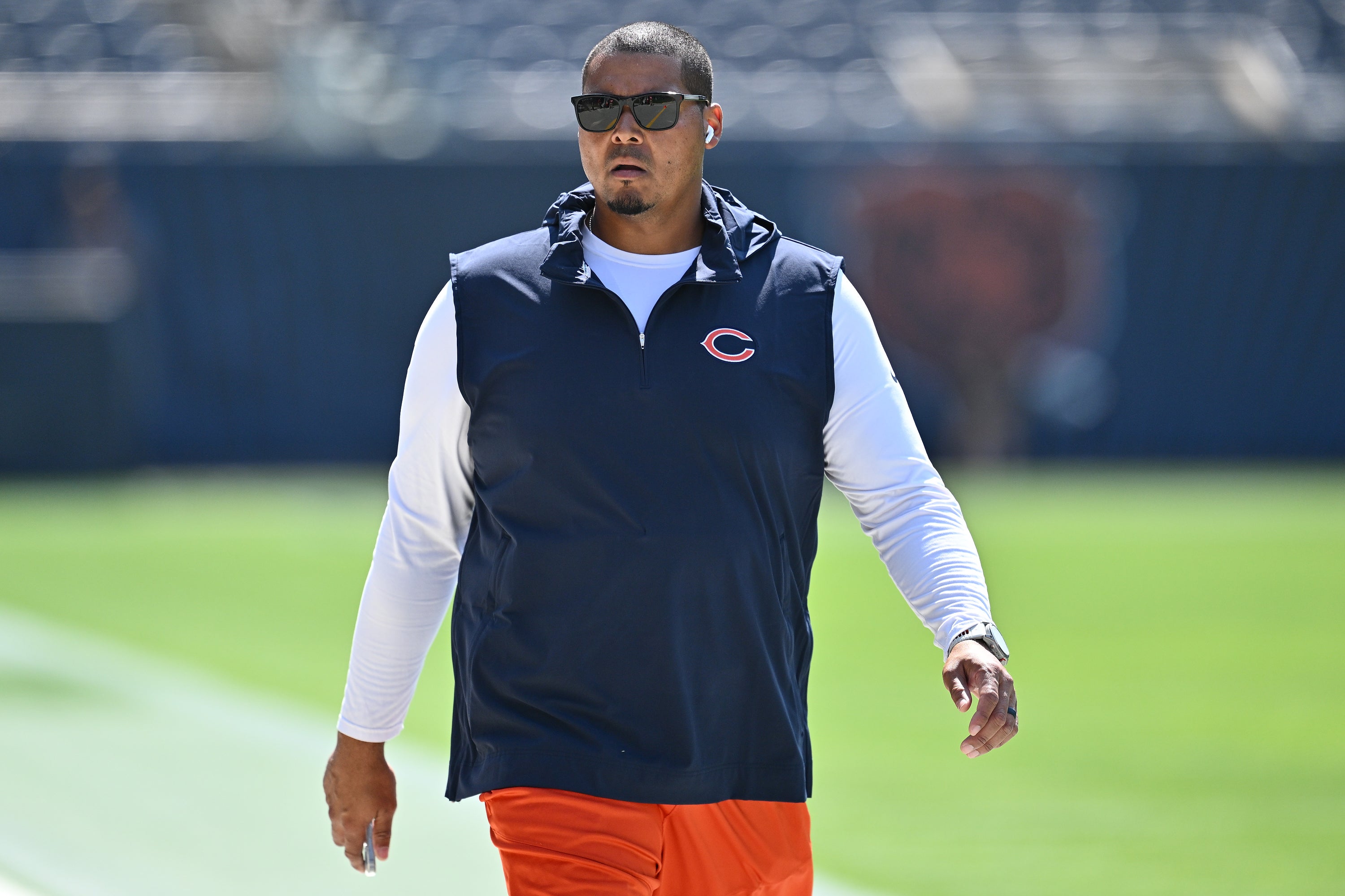 Sep 10, 2023; Chicago, Illinois, USA; Chicago Bears general manager Ryan Poles walks laps around the field before their game against the Green Bay Packers at Soldier Field.