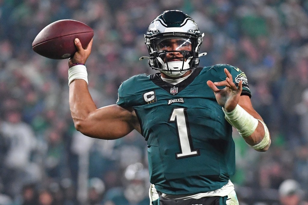 Philadelphia Eagles quarterback Jalen Hurts (1) throws a pass against the San Francisco 49ers during the fourth quarter at Lincoln Financial Field.