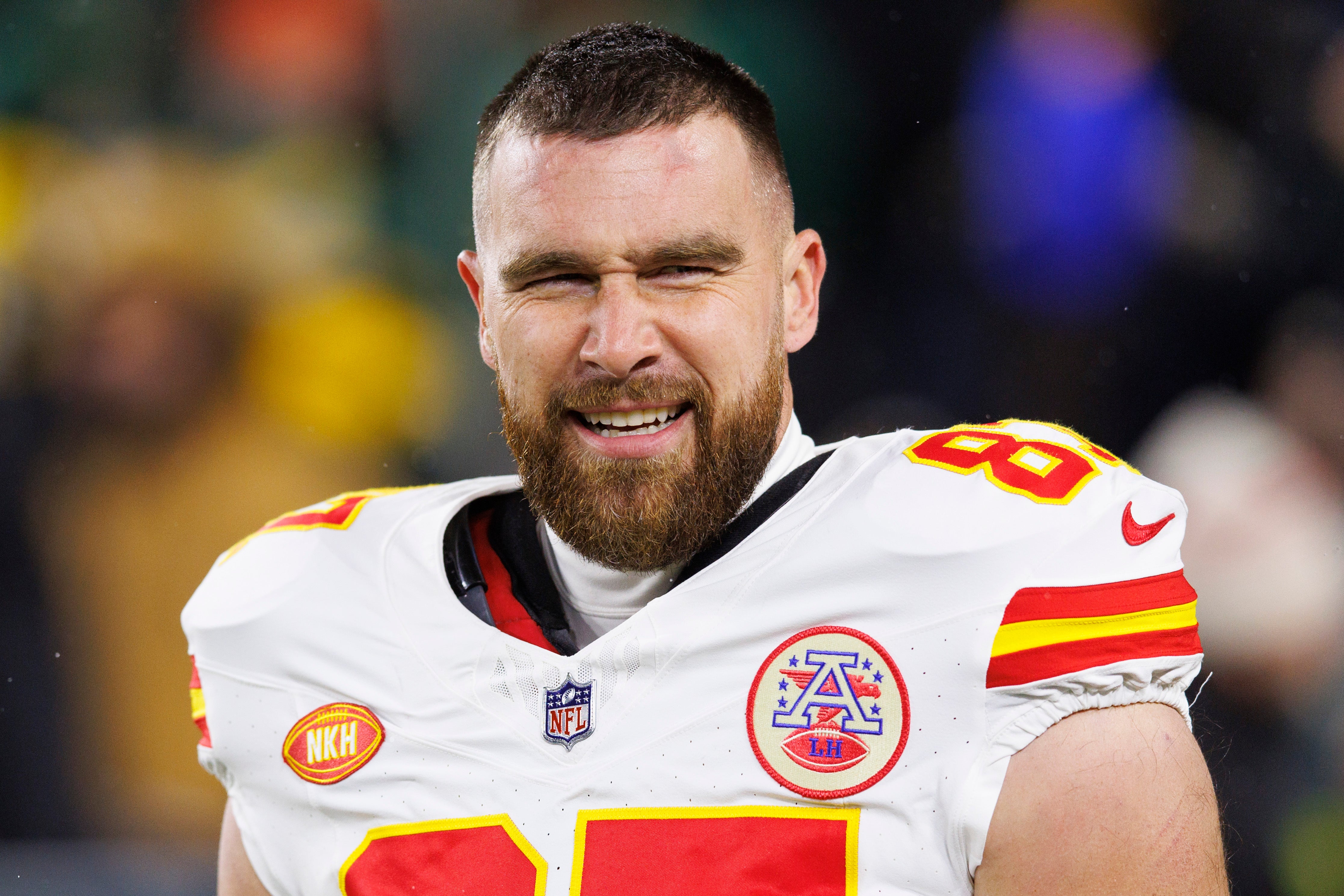 Kansas City Chiefs tight end Travis Kelce looks on during warmups prior to the Green Bay Packers against the Green Bay Packers at Lambeau Field