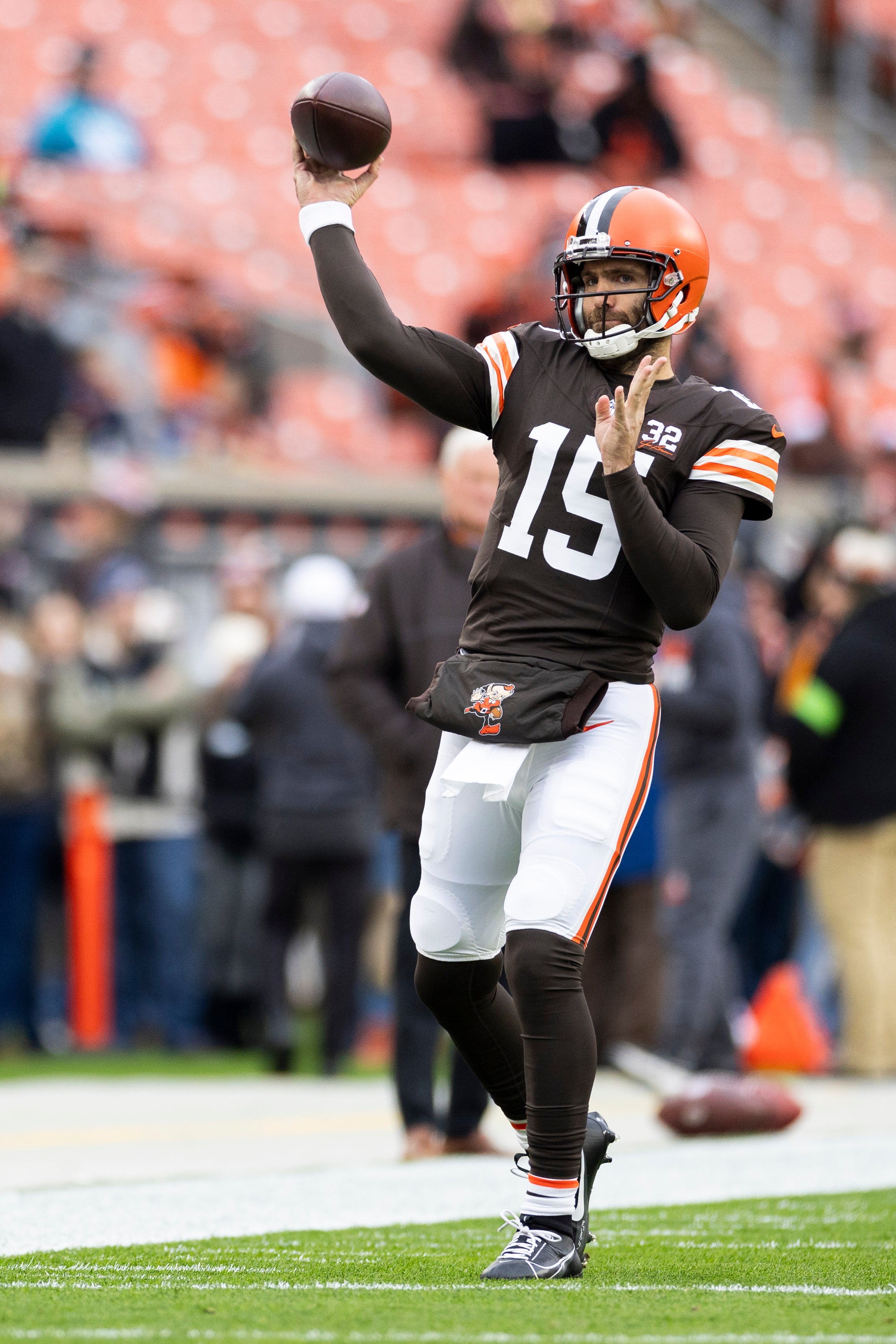 Dec 10, 2023; Cleveland, Ohio, USA; Cleveland Browns quarterback Joe Flacco (15) throws the ball during warm-ups before the game against the Jacksonville Jaguars at Cleveland Browns Stadium. Mandatory Credit: Scott Galvin-USA TODAY Sports