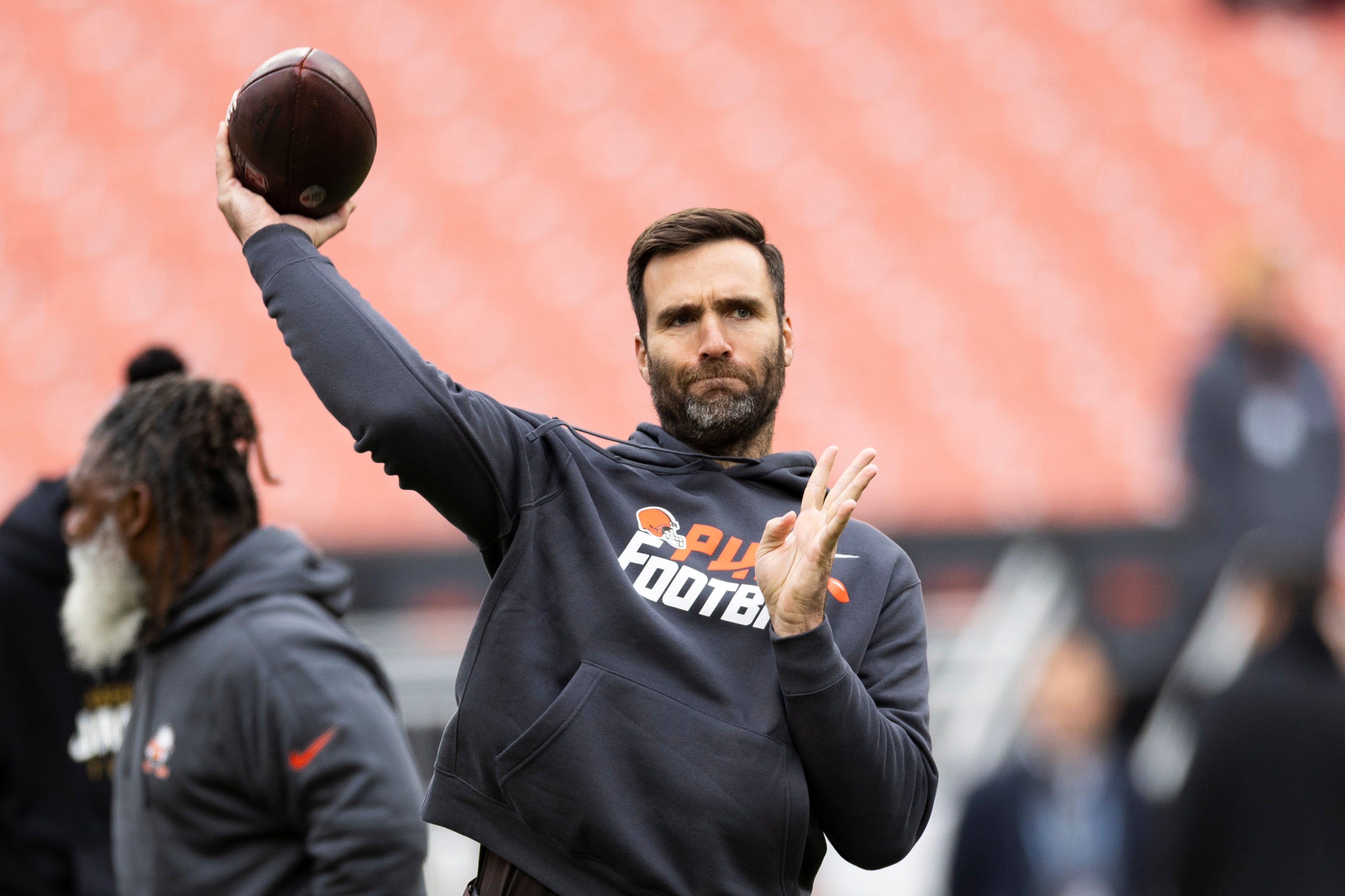 Dec 10, 2023; Cleveland, Ohio, USA; Cleveland Browns quarterback Joe Flacco (15) throws the ball during warm ups before the game against the Jacksonville Jaguars at Cleveland Browns Stadium. Mandatory Credit: Scott Galvin-USA TODAY Sports