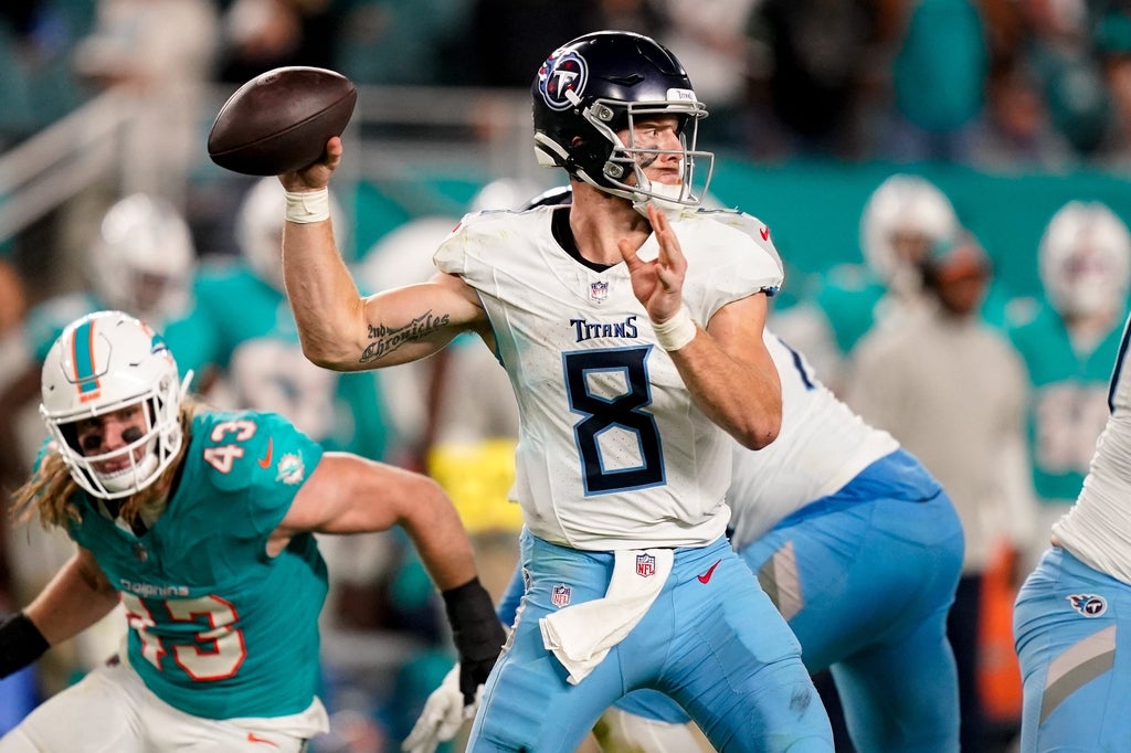 Tennessee Titans quarterback Will Levis (8) looks to pass against the Miami Dolphins during the third quarter at Hard Rock Stadium in Miami, Fla., Monday, Dec. 11, 2023