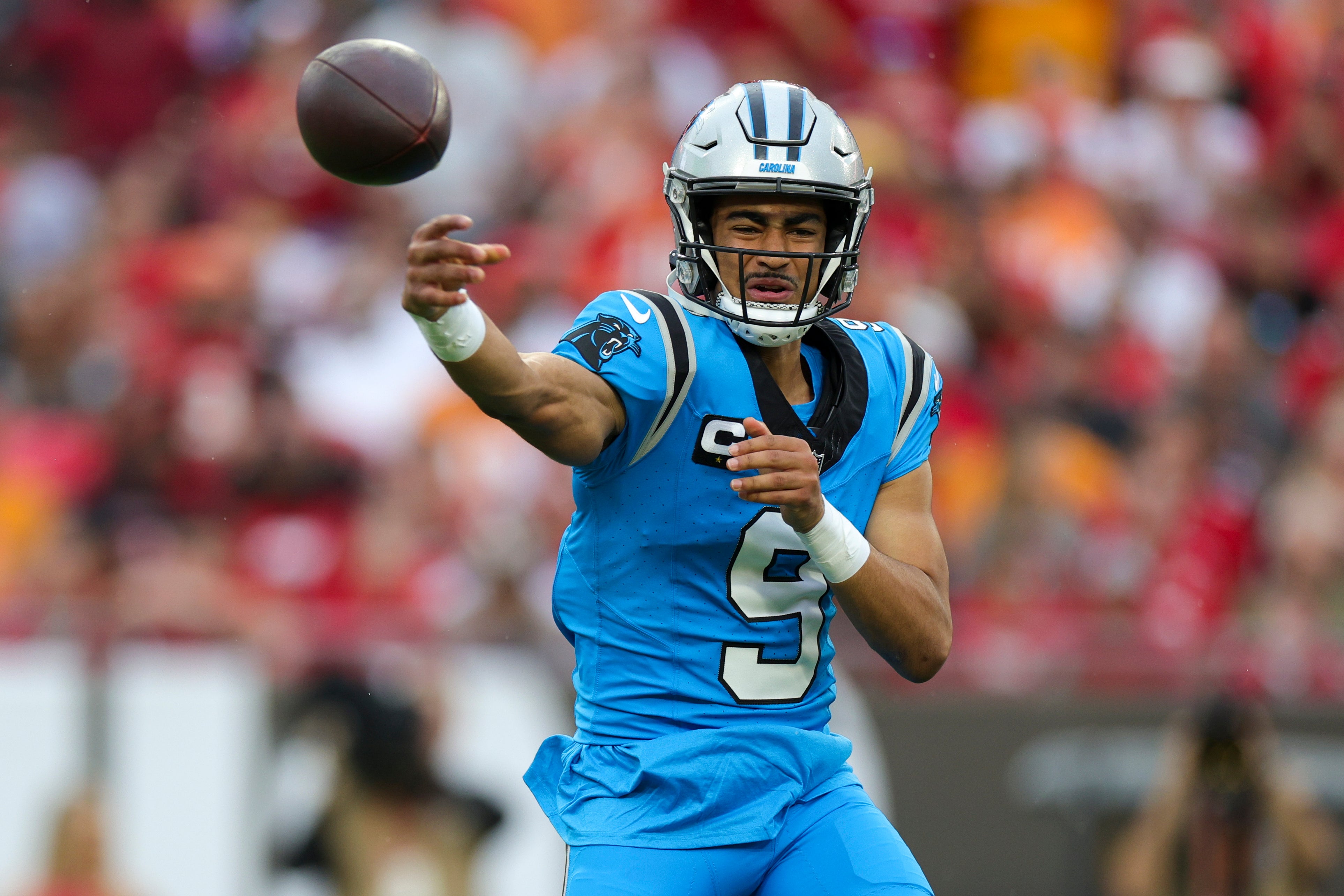 Dec 3, 2023; Tampa, Florida, USA; Carolina Panthers quarterback Bryce Young (9) drops back to pass against the Tampa Bay Buccaneers in the first quarter at Raymond James Stadium. Mandatory Credit: Nathan Ray Seebeck-USA TODAY Sports