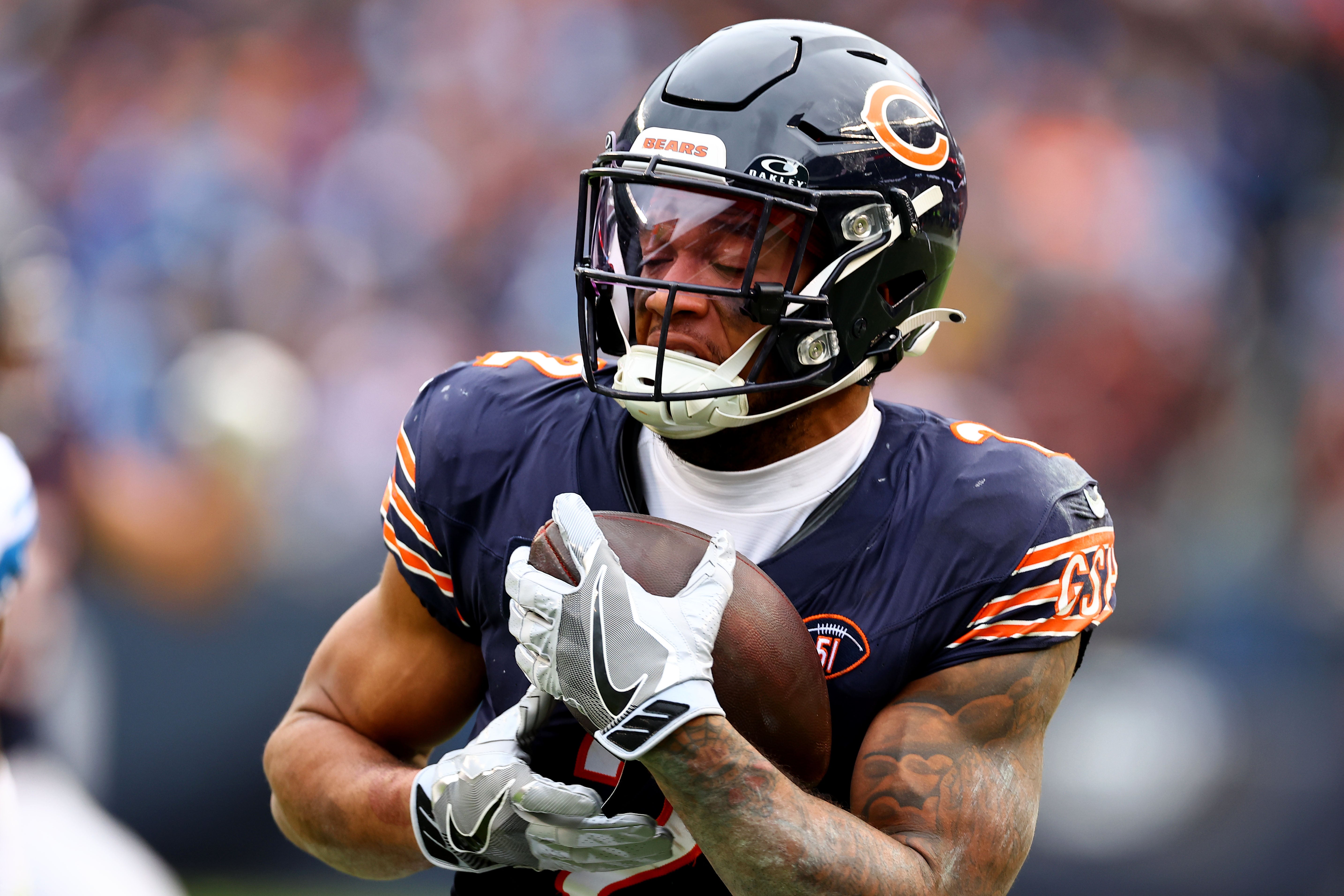 Dec 10, 2023; Chicago, Illinois, USA; Chicago Bears wide receiver DJ Moore (2) catches a touchdown pass against the Detroit Lions during the second half at Soldier Field.