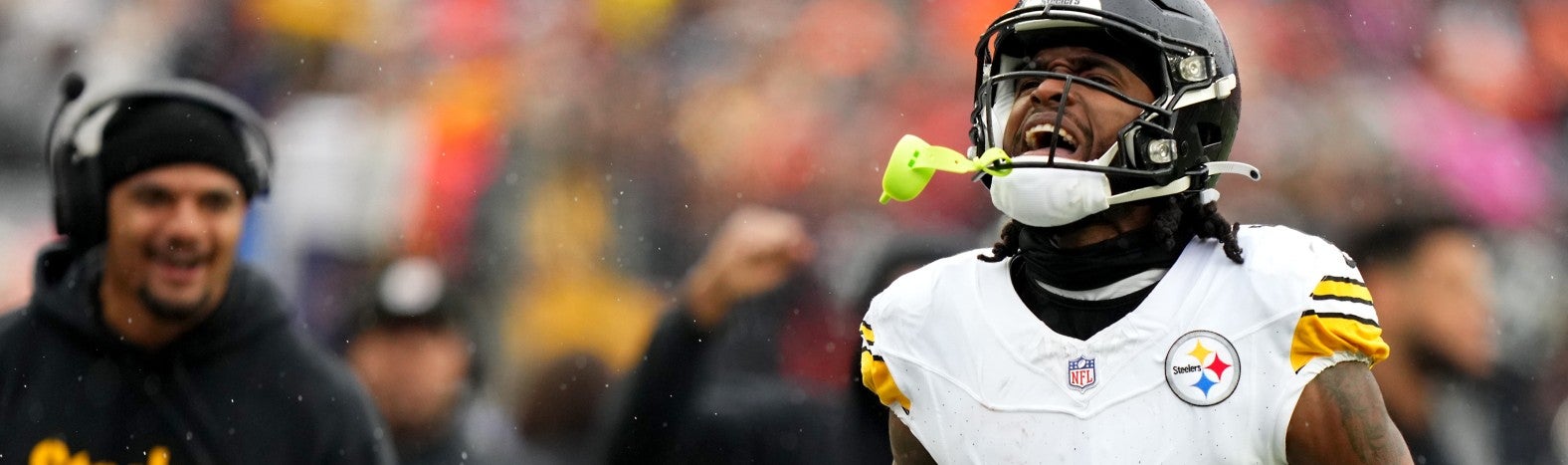 Pittsburgh Steelers wide receiver Diontae Johnson (18) reacts after a deep catch in the second quarter of a Week 12 NFL football game between the Pittsburgh Steelers and the Cincinnati Bengals, Sunday, Nov. 26, 2023, at Paycor Stadium.