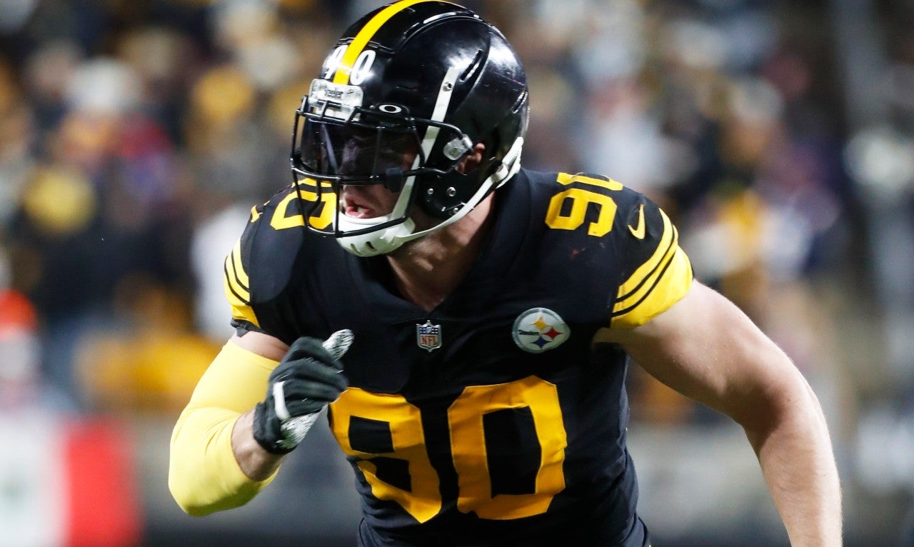 Dec 7, 2023; Pittsburgh, Pennsylvania, USA; Pittsburgh Steelers linebacker T.J. Watt (90) pass rushes at the line of scrimmage against the New England Patriots during the second quarter at Acrisure Stadium. Mandatory Credit: Charles LeClaire-USA TODAY Sports