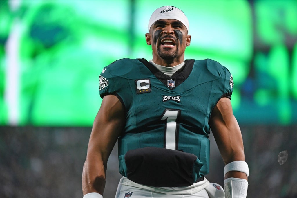 Philadelphia Eagles quarterback Jalen Hurts (1) during player introductions against the San Francisco 49ers at Lincoln Financial Field.