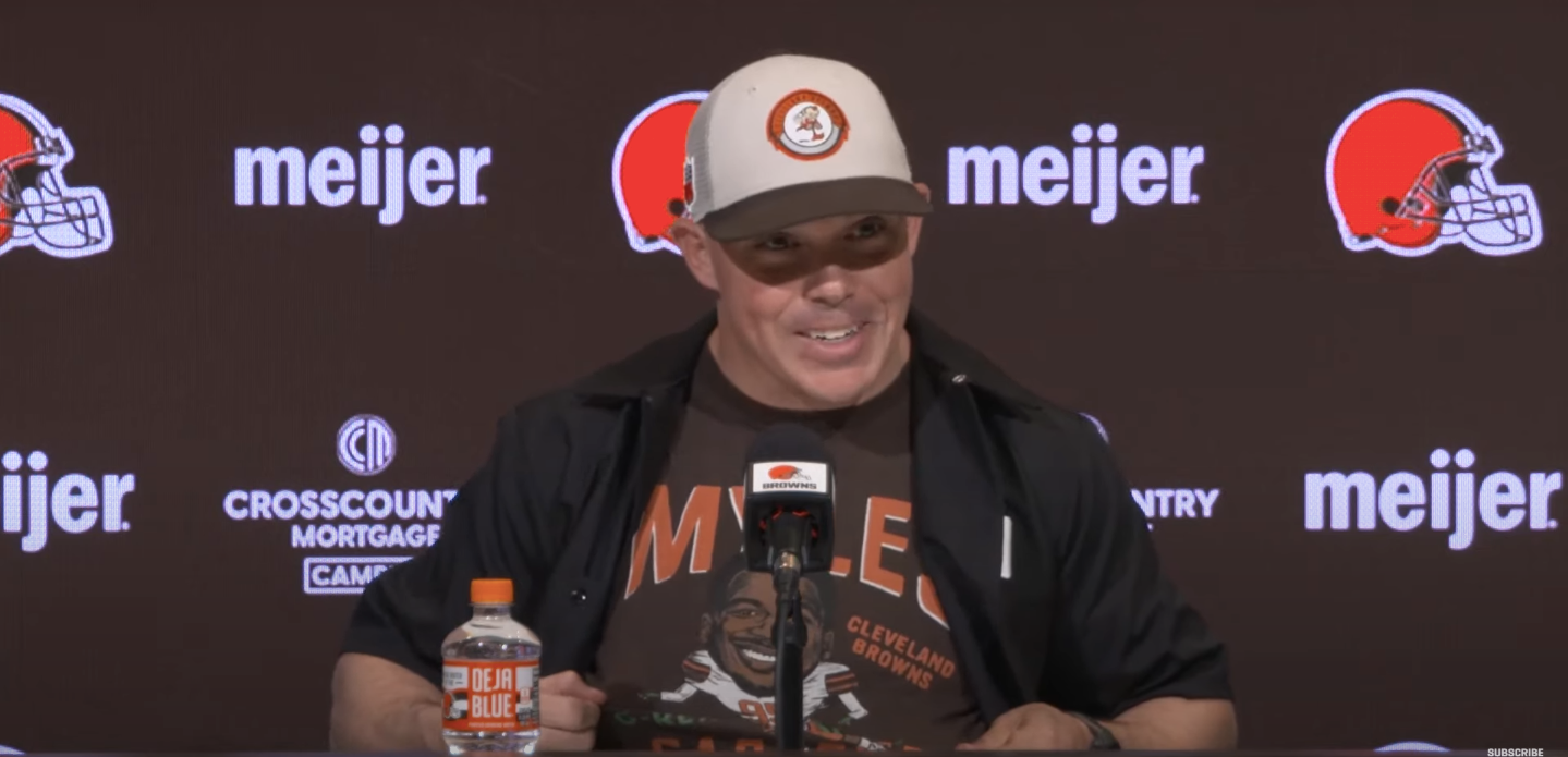 Bubba Ventrone wears a Myles Garrett shirt at Thursday's press conference (Browns Press Conference Live stream)