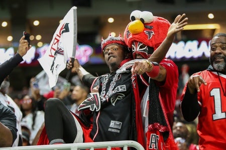 Atlanta Falcons fans in the stands against the New Orleans Saints in the second quarter at Mercedes-Benz Stadium.