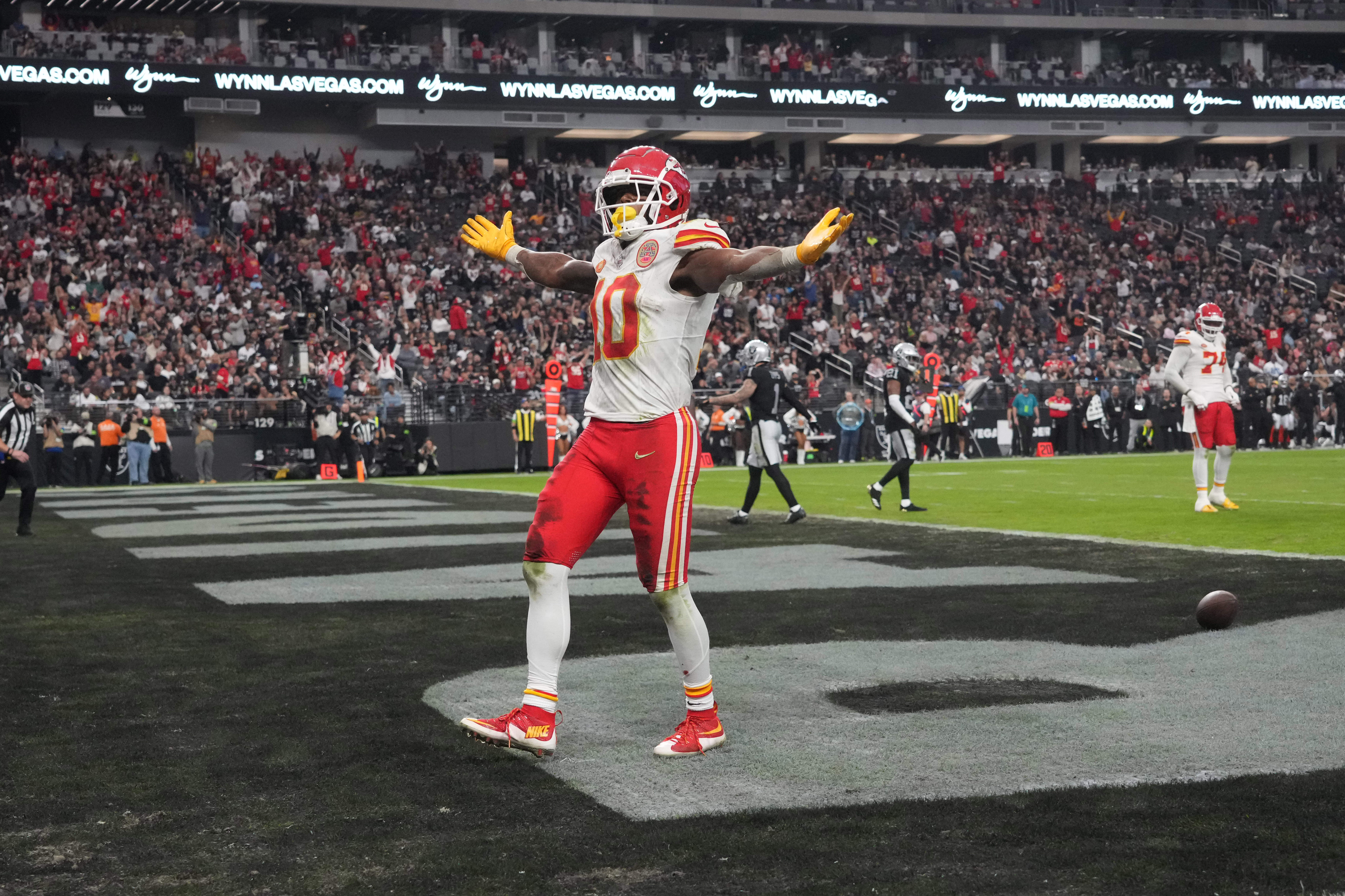 Kansas City Chiefs running back Isiah Pacheco celebrates in the first half against the Las Vegas Raiders at Allegiant Stadium