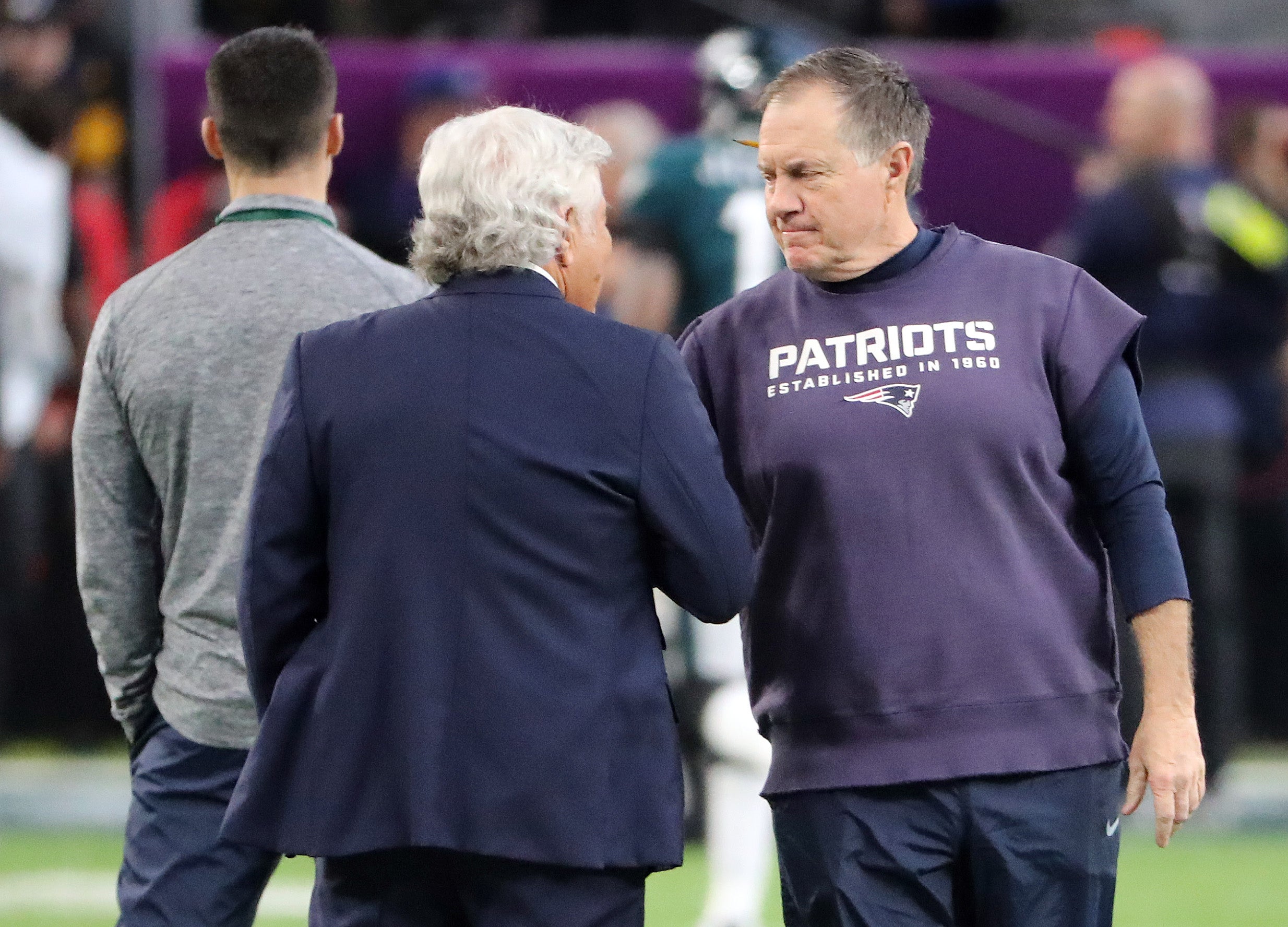 New England Patriots owner Robert Kraft and head coach Bill Belichick prior to Super Bowl LII against the Philadelphia Eagles at U.S. Bank Stadium.