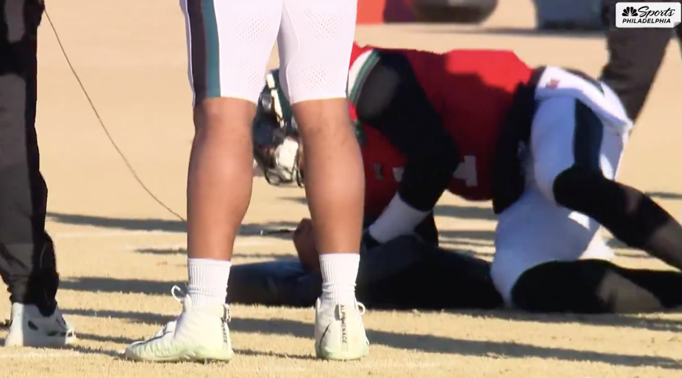 Philadelphia Eagles QB Jalen Hurts practices falling during Thursday's practice.