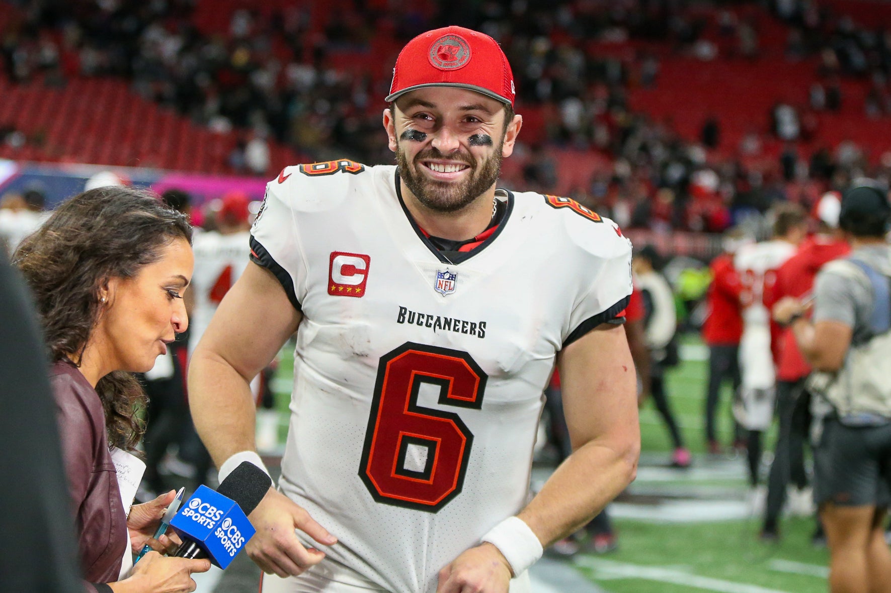 Dec 10, 2023; Atlanta, Georgia, USA; Tampa Bay Buccaneers quarterback Baker Mayfield (6) celebrates after a victory against the Atlanta Falcons at Mercedes-Benz Stadium. Mandatory Credit: Brett Davis-USA TODAY Sports