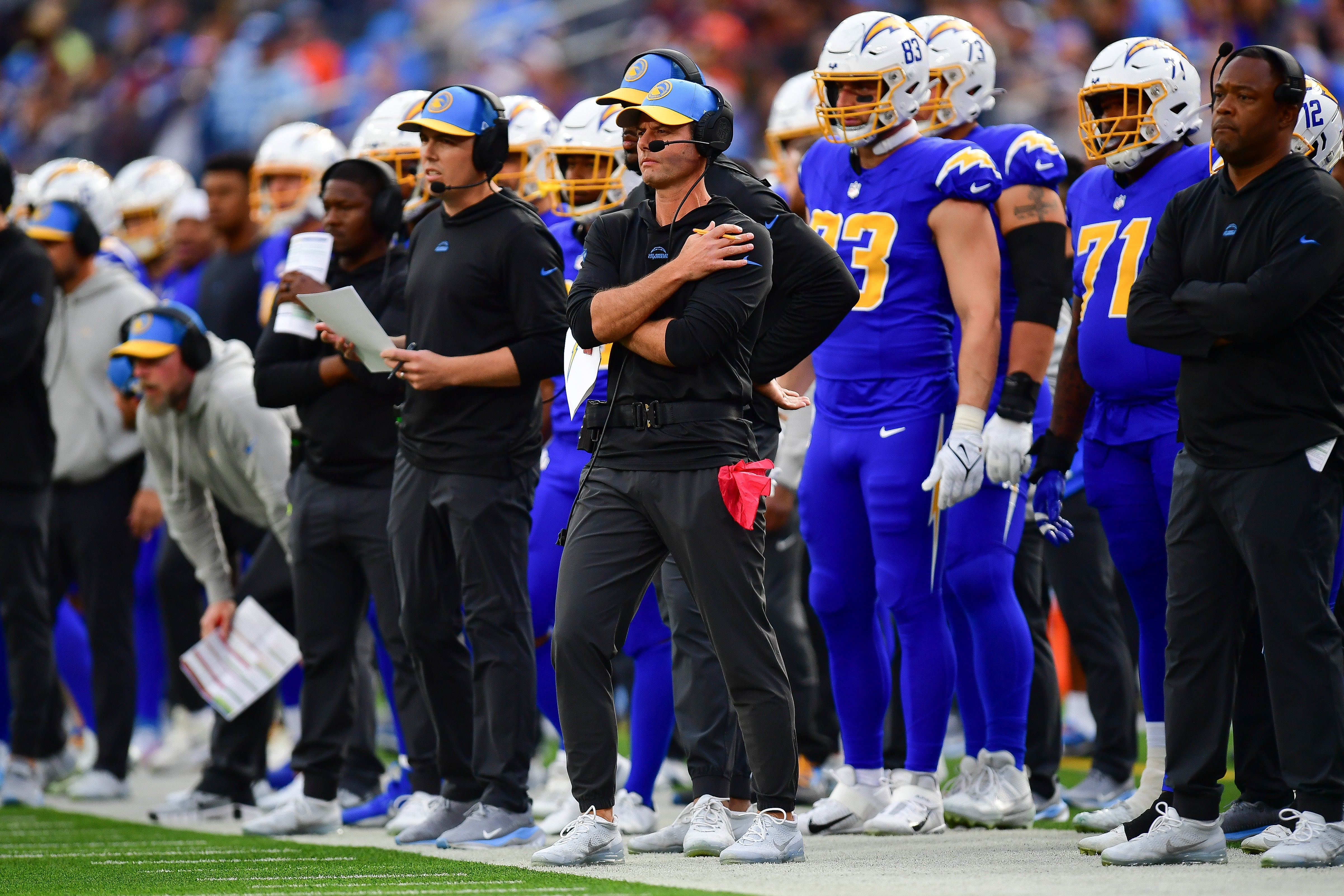 Dec 10, 2023; Inglewood, California, USA; Los Angeles Chargers head coach Brandon Staley watches game action against the Denver Broncos during the first half at SoFi Stadium. Mandatory Credit: Gary A. Vasquez-USA TODAY Sports