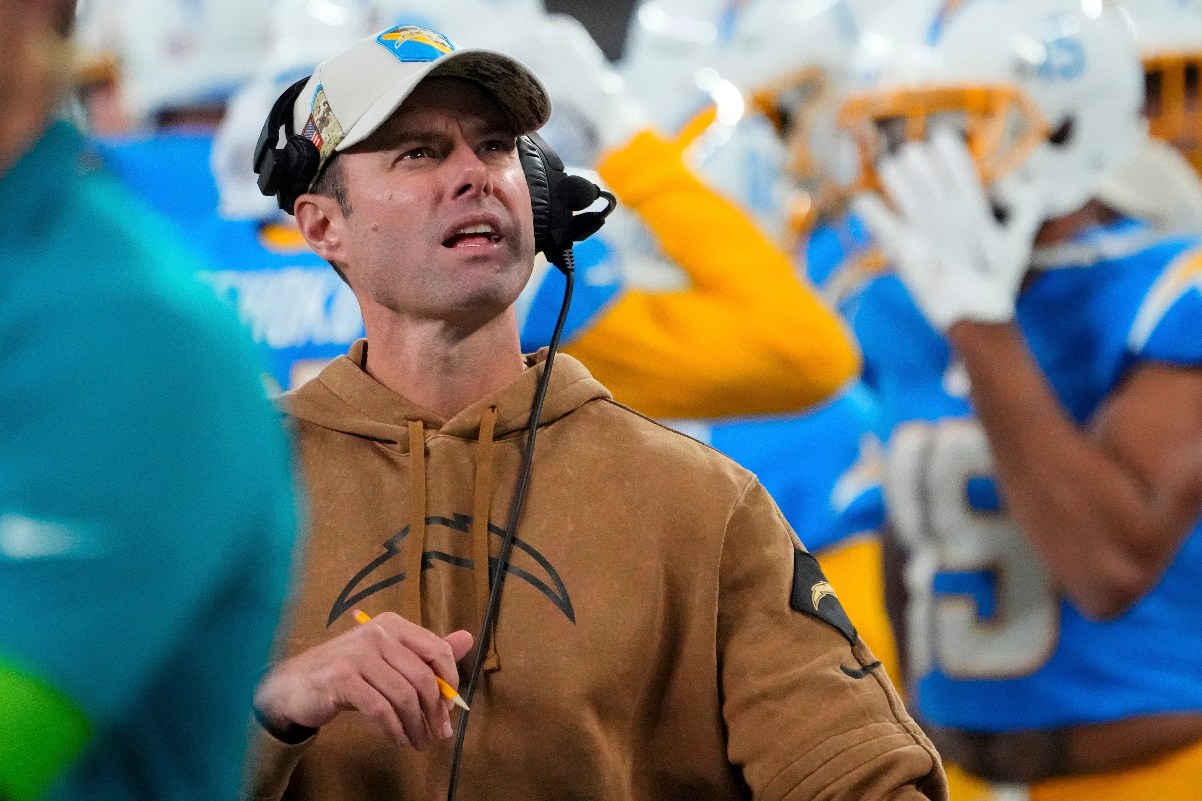 Los Angeles Chargers head coach Brandon Staley looks on against the New York Jets during a football game at MetLife Stadium.