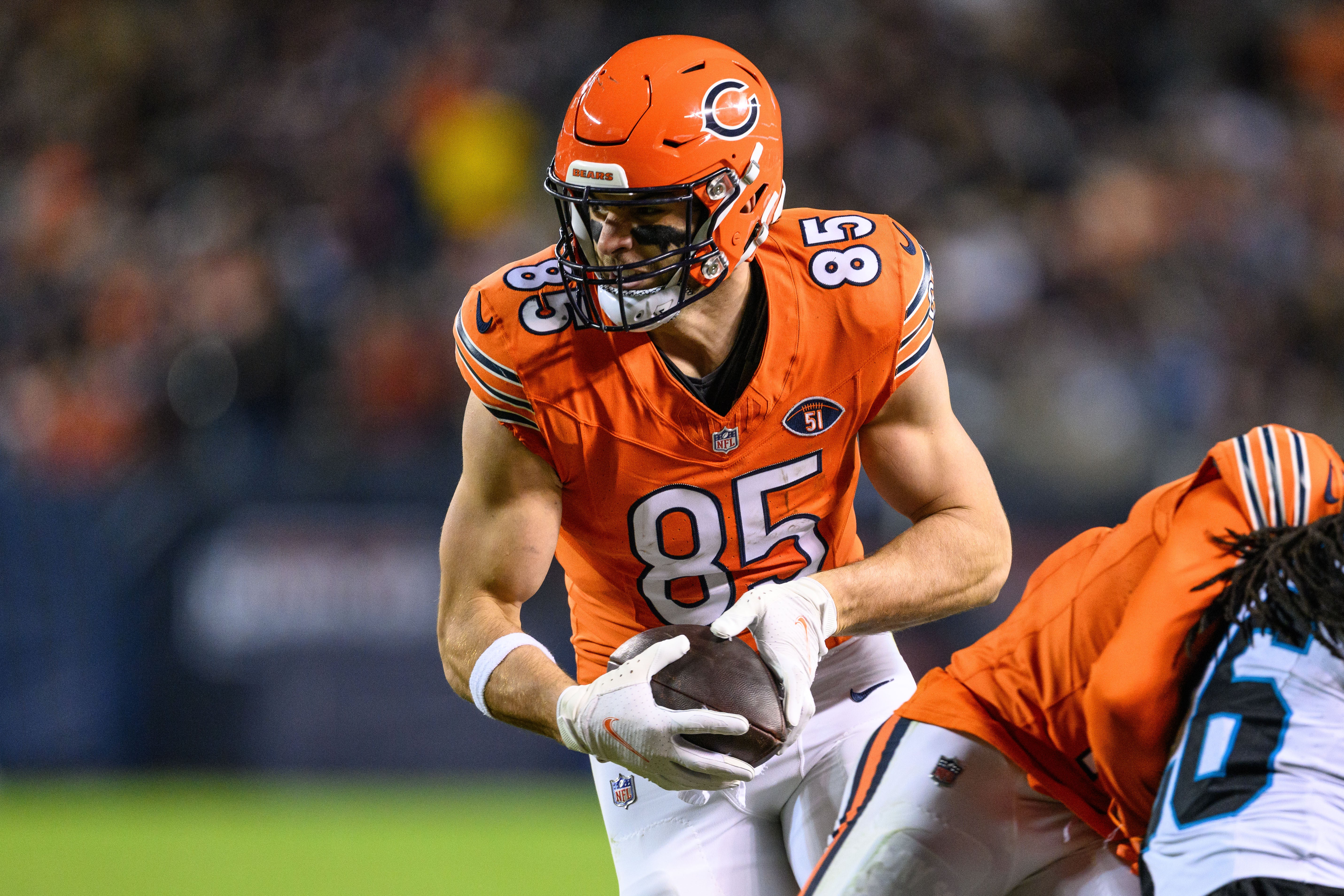 Nov 9, 2023; Chicago, Illinois, USA; Chicago Bears tight end Cole Kmet (85) runs after a catch against the Carolina Panthers during the third quarter at Soldier Field.