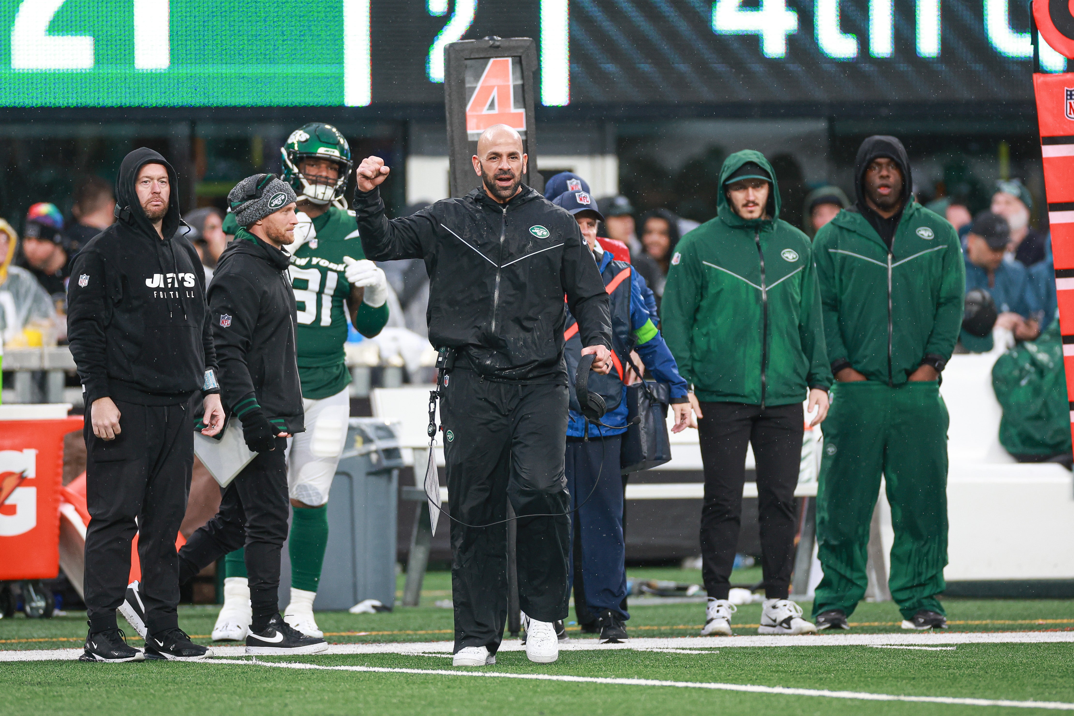 New York Jets head coach Robert Saleh celebrates after a defensive stop during the second half against the Houston Texans at MetLife Stadium.