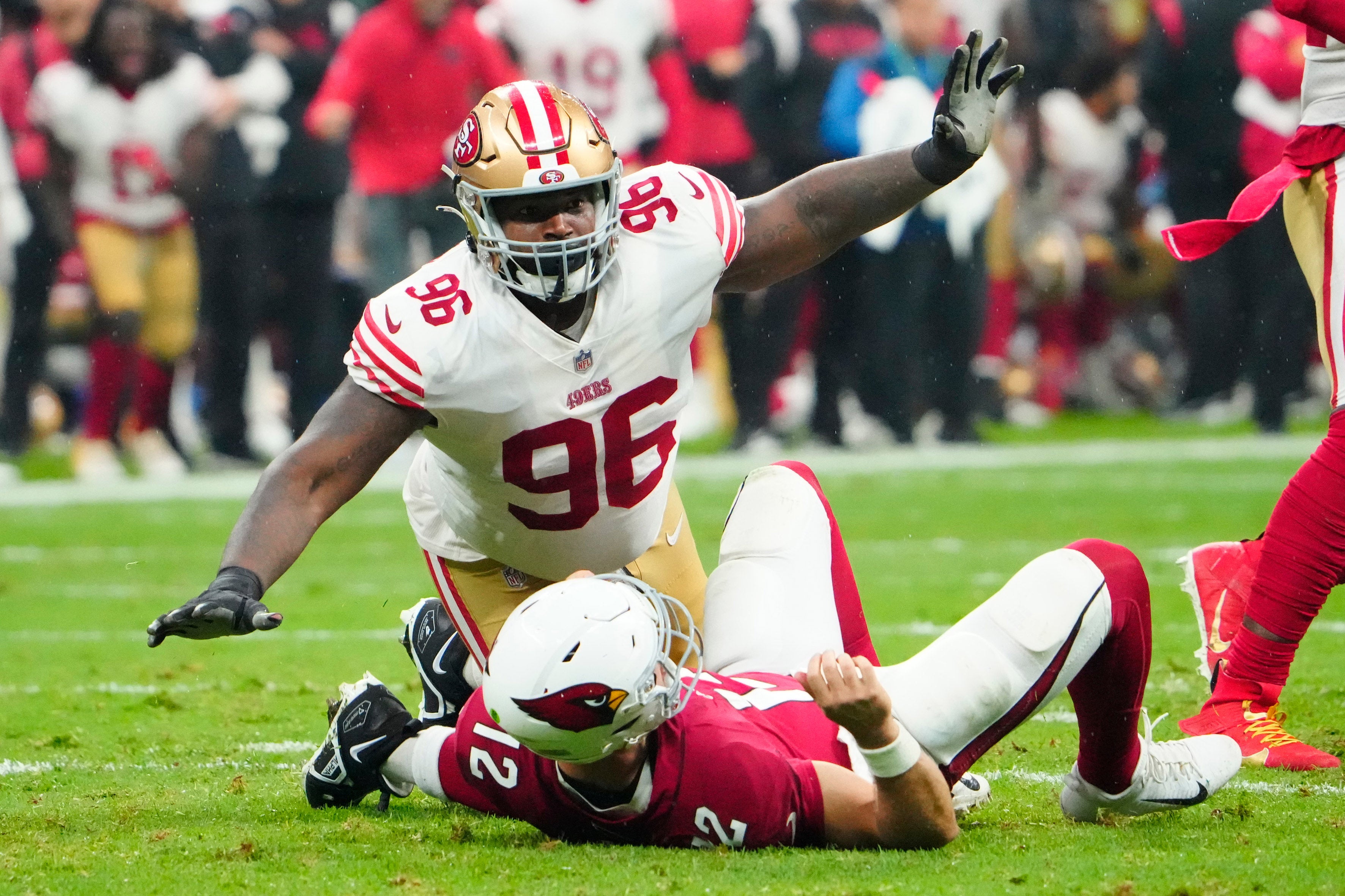Nov 21, 2022; Mexico City, MEX; San Francisco 49ers defensive tackle T.Y. McGill (96) tackles Arizona Cardinals quarterback Colt McCoy (12) during the second quarter at Estadio Azteca.
