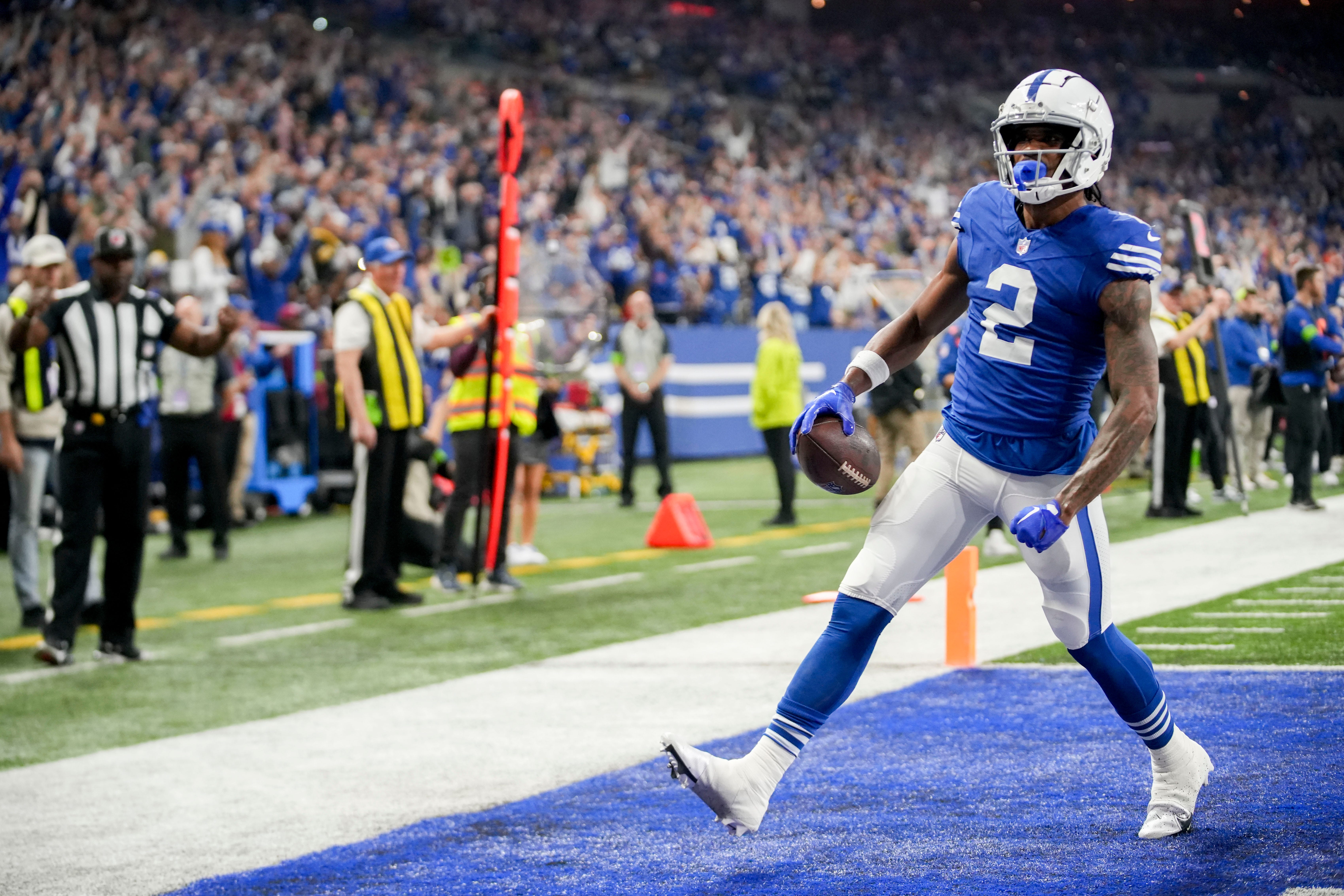 Indianapolis Colts wide receiver D.J. Montgomery (2) runs into the end zone for a touchdown Saturday, Dec. 16, 2023, during a game against the Pittsburgh Steelers at Lucas Oil Stadium in Indianapolis.