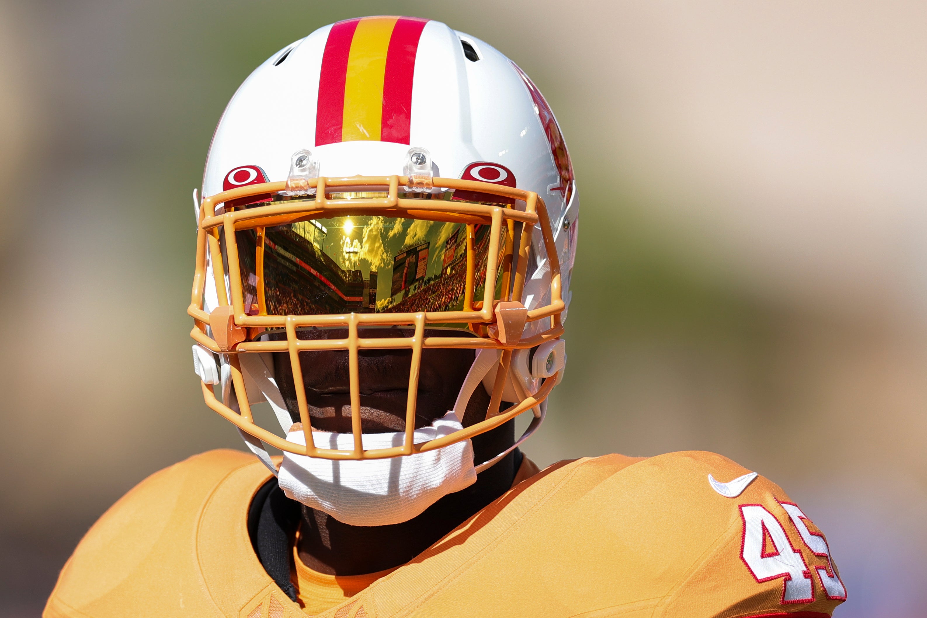 Oct 15, 2023; Tampa, Florida, USA; Tampa Bay Buccaneers linebacker Devin White (45) looks on before a game against the Detroit Lions at Raymond James Stadium. Mandatory Credit: Nathan Ray Seebeck-USA TODAY Sports