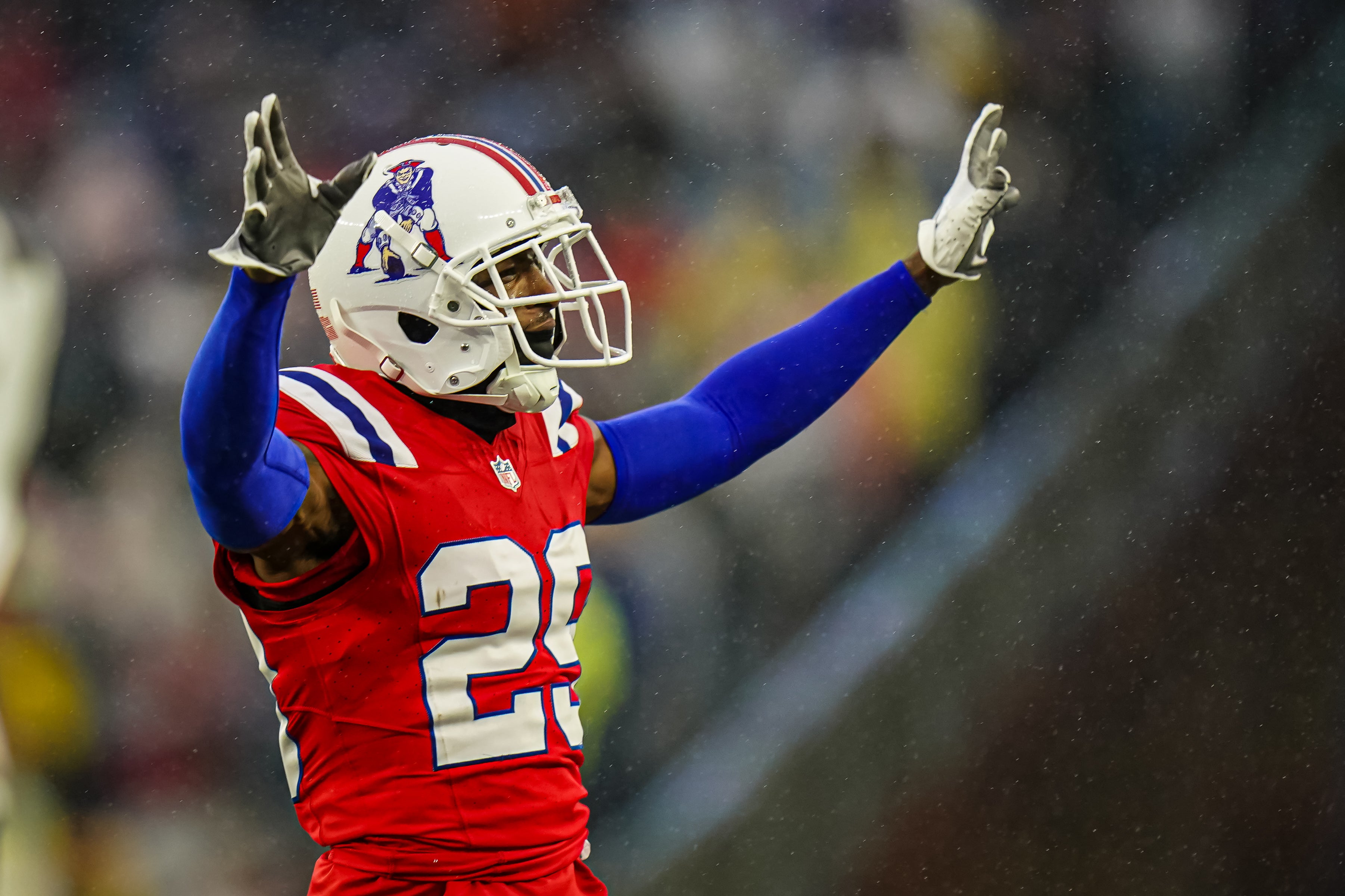 New England Patriots cornerback J.C. Jackson reacts after his play against the Los Angeles Chargers in the second half at Gillette Stadium