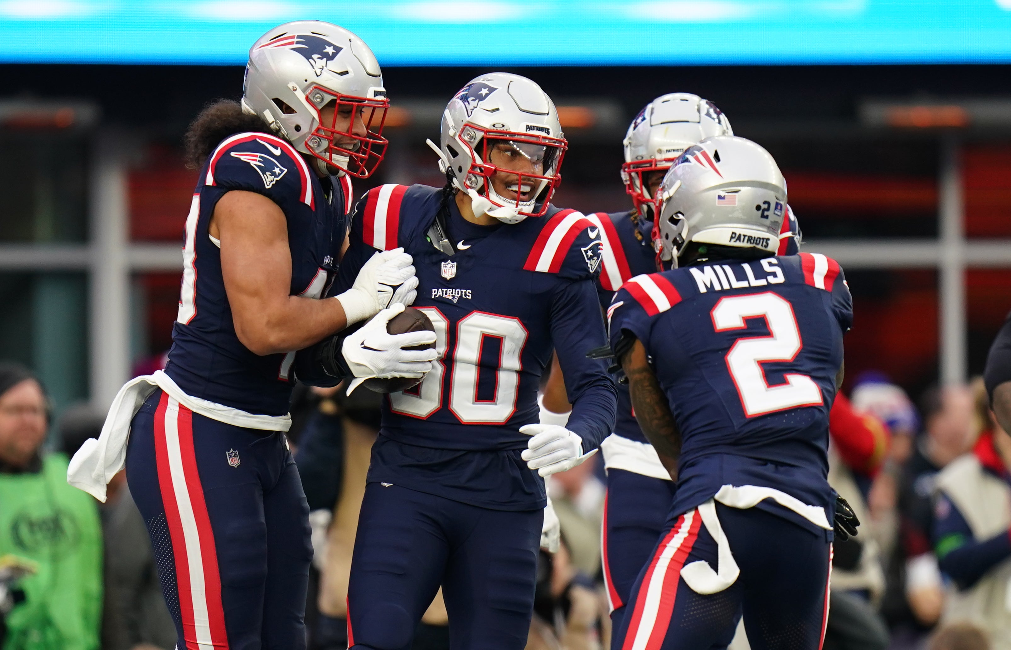 New England Patriots linebacker Marte Mapu reacts after intercepting a pass intended for Kansas City Chiefs tight end Blake Bell (81) (not pictured) in the first half at Gillette Stadium.