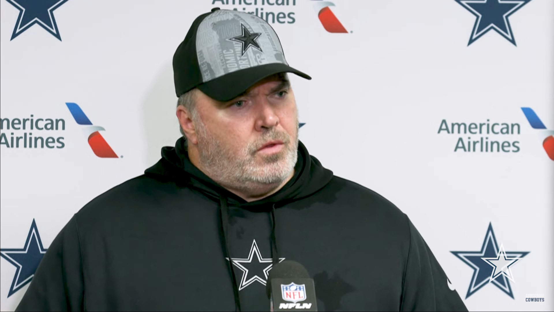 Dallas Cowboys head coach Mike McCarthy talks to reporters after loss to the Buffalo Bills in Week 15.