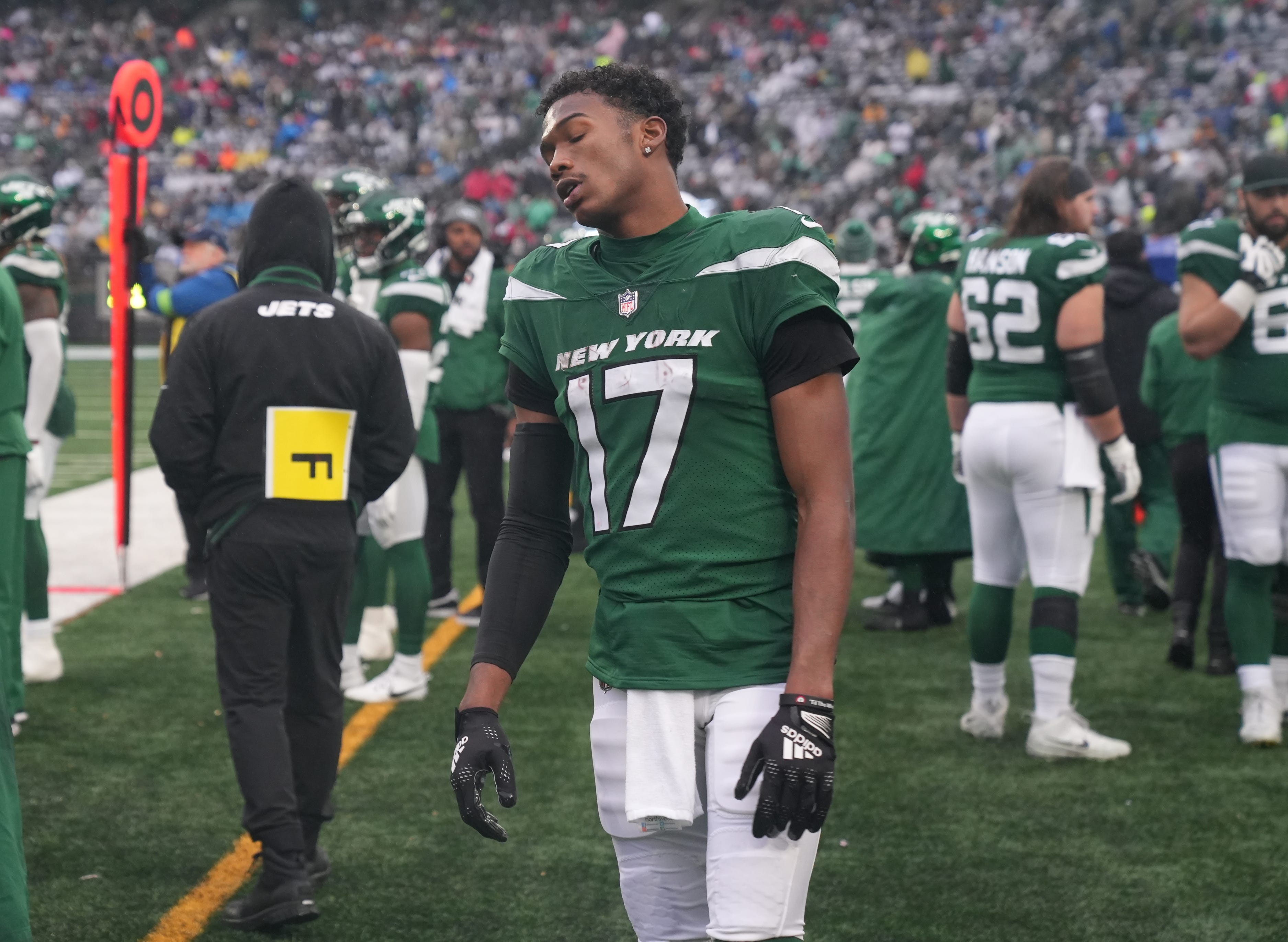 Garrett Wilson of the Jets on the sidelines, late in the second half. The Atlanta Falcons topped the NY Jets 13-8 at MetLife Stadium on December 3, 2023 in East Rutherford, NJ.