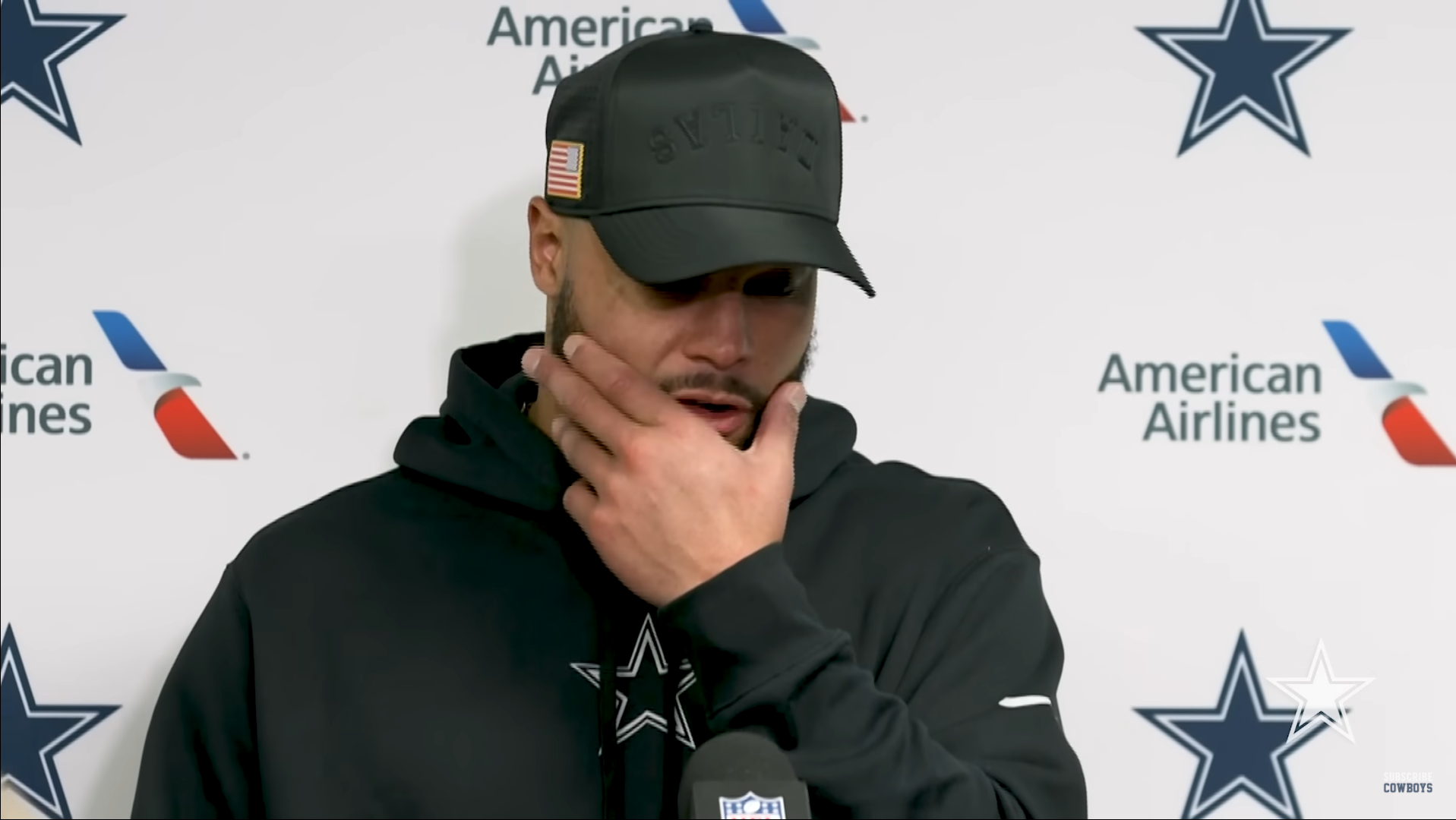 Dallas Cowboys quarterback Dak Prescott talks to reporters following tough loss to the Buffalo Bills in Week 15.