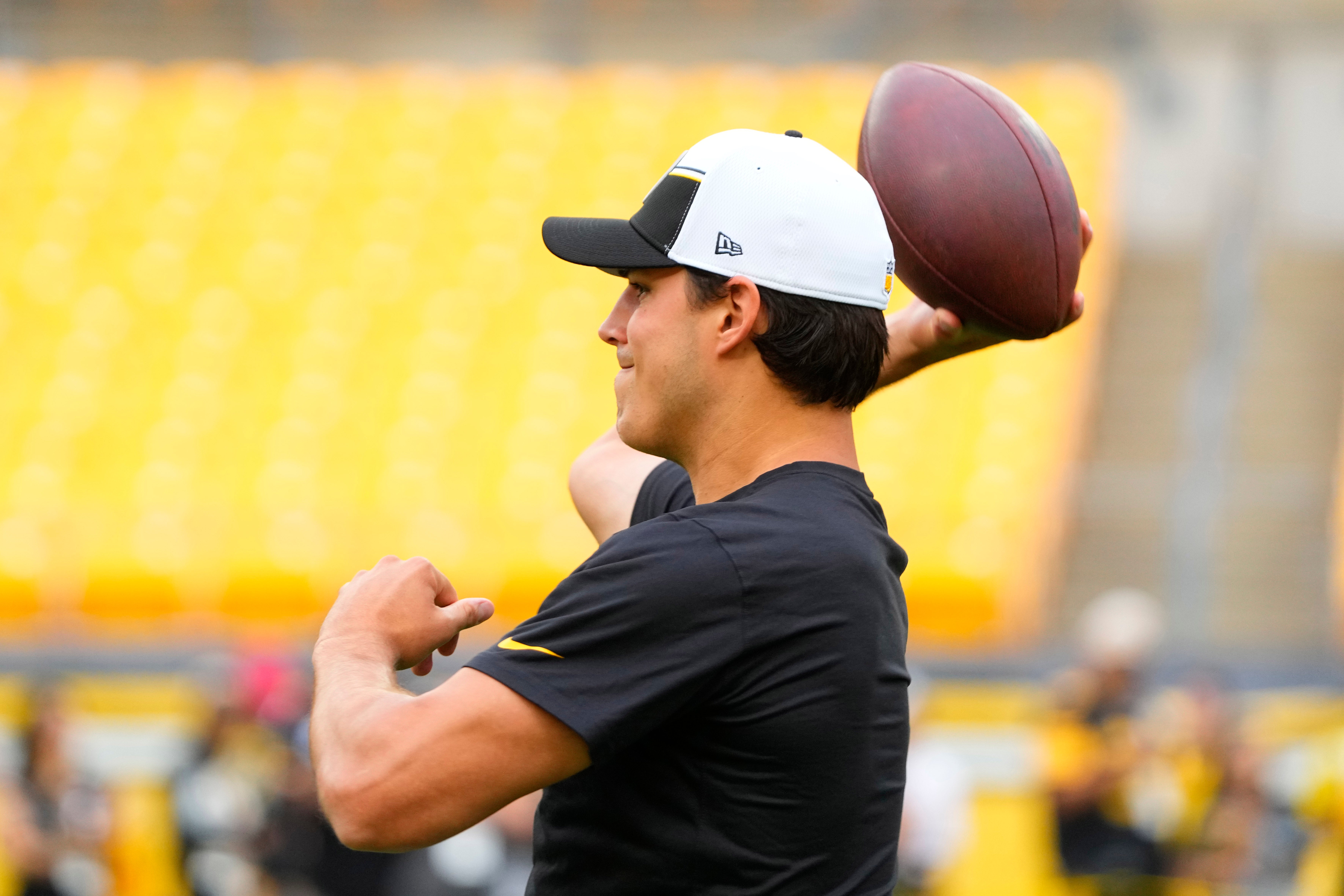 Sep 10, 2023; Pittsburgh, Pennsylvania, USA; Pittsburgh Steelers quarterback Mason Rudolph (2) warms up prior to the game against the San Francisco 49ers at Acrisure Stadium. Mandatory Credit: Gregory Fisher-USA TODAY Sports  