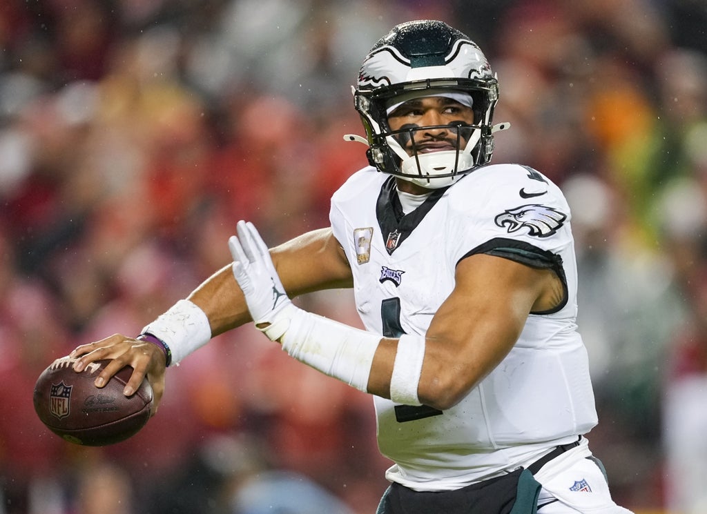 Philadelphia Eagles quarterback Jalen Hurts (1) throws a pass during the first half against the Kansas City Chiefs at GEHA Field at Arrowhead Stadium.