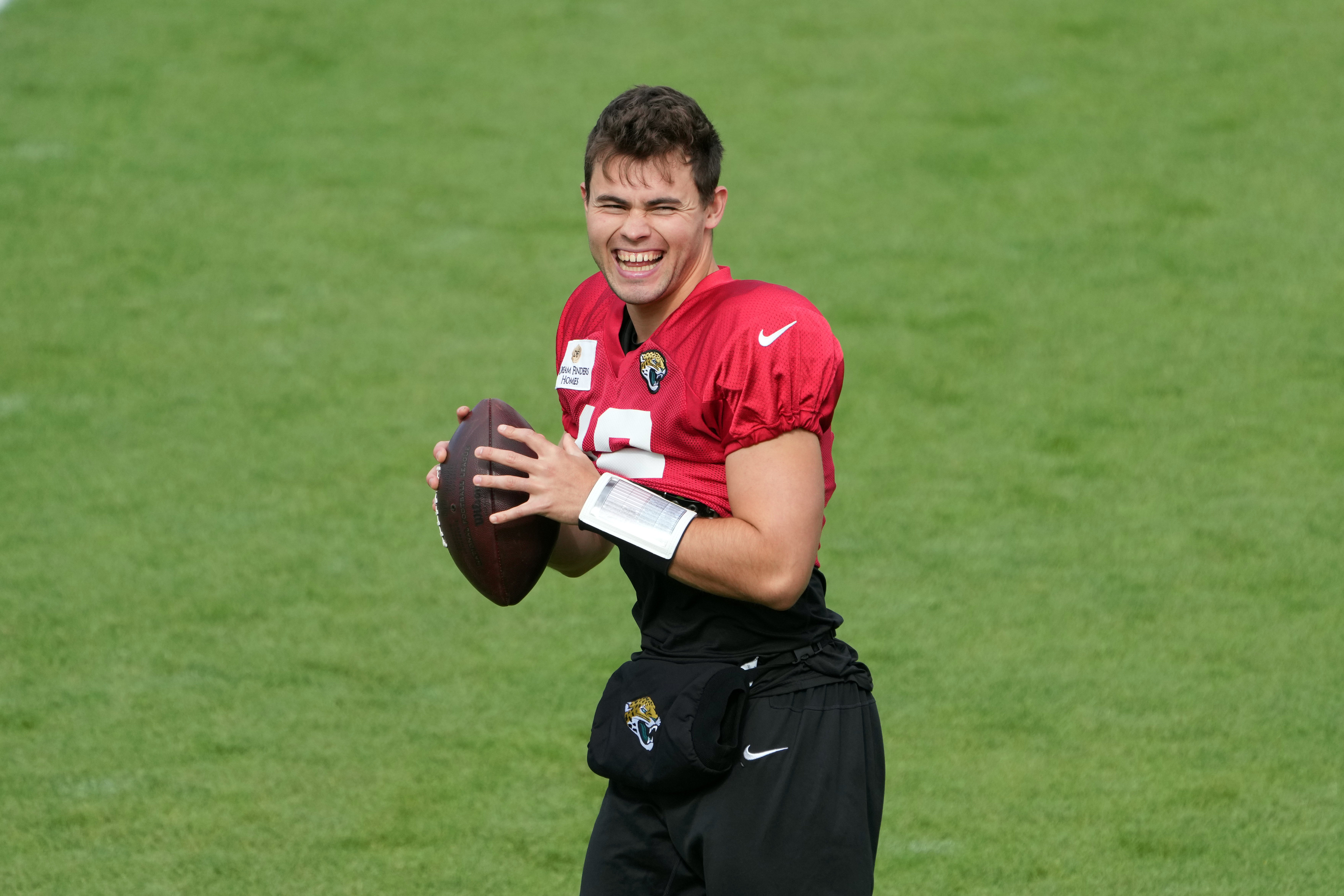 Jacksonville Jaguars quarterback Nathan Rourke throws the ball during practice at Hanbury Manor Marriott Hotel