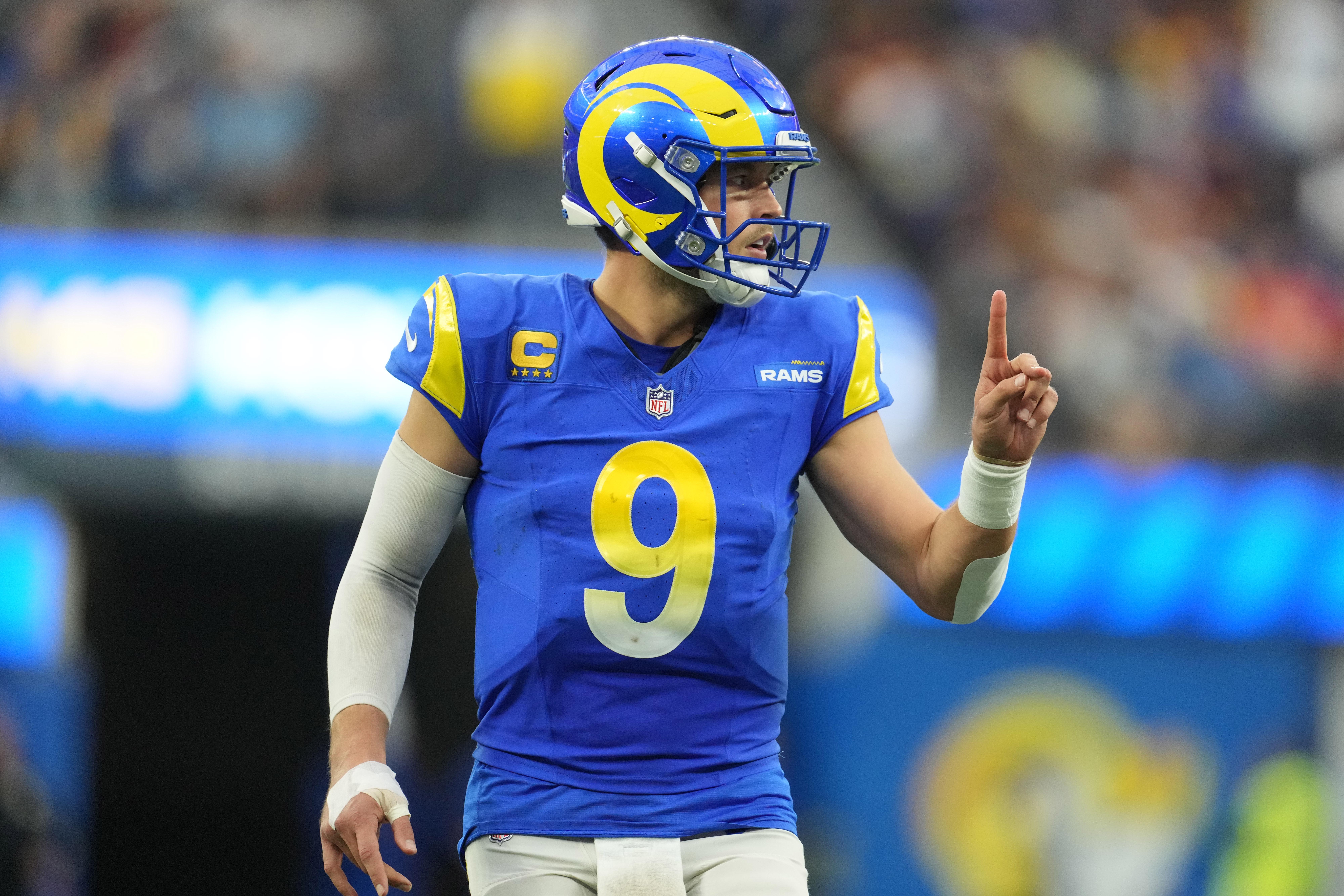 Dec 17, 2023; Inglewood, California, USA; Los Angeles Rams quarterback Matthew Stafford (9) gestures in the second half against the Washington Commanders at SoFi Stadium. Mandatory Credit: Kirby Lee-USA TODAY Sports