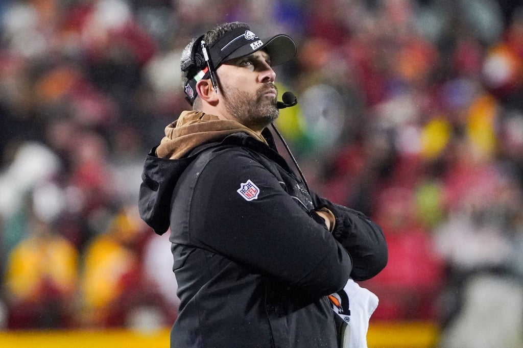 Philadelphia Eagles head coach Nick Sirianni watches a replay against the Kansas City Chiefs during the first half at GEHA Field at Arrowhead Stadium.