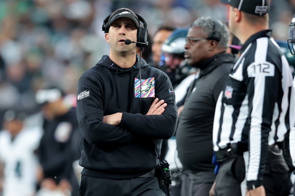 Philadelphia Eagles head coach Nick Sirianni coaches against the New York Jets during the second quarter at MetLife Stadium.