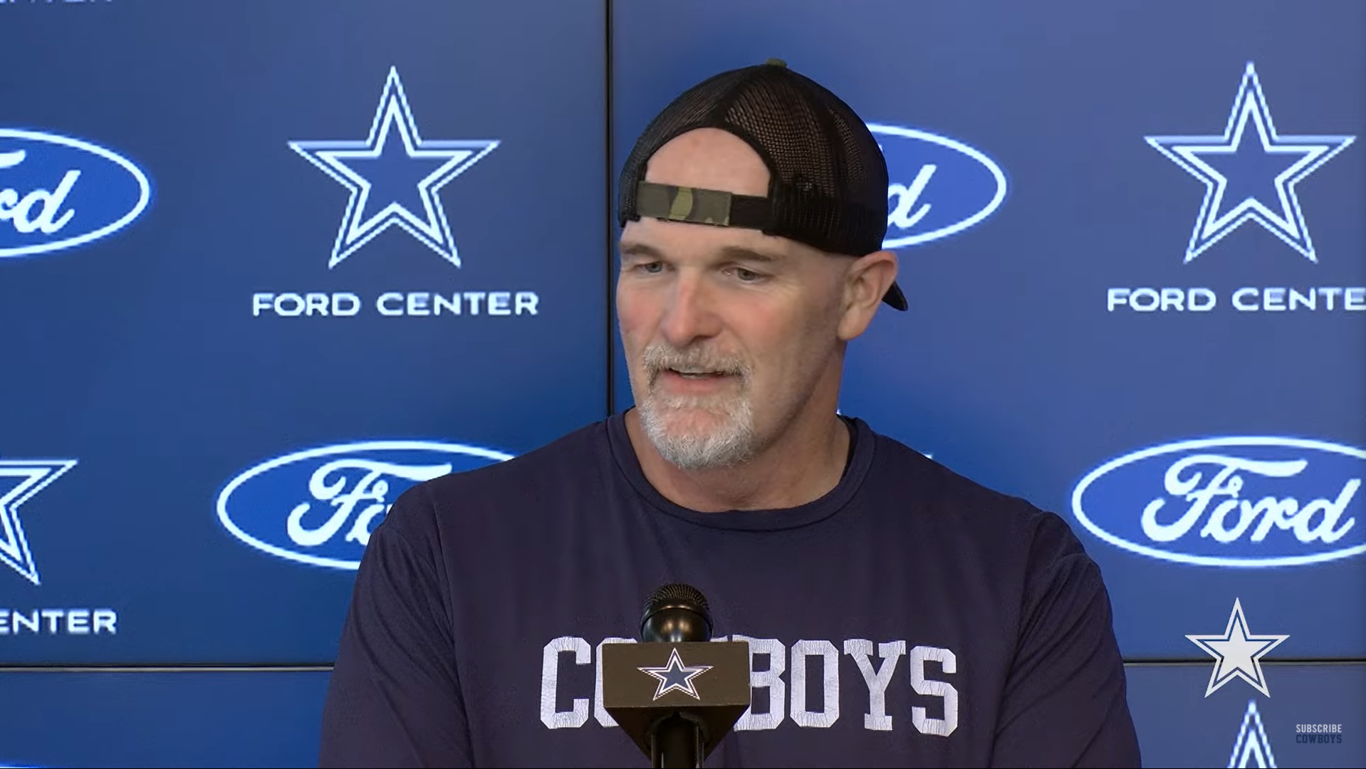 Dallas Cowboys defensive coordinator Dan Quinn talks to the media following a tough loss over the Buffalo Bills.