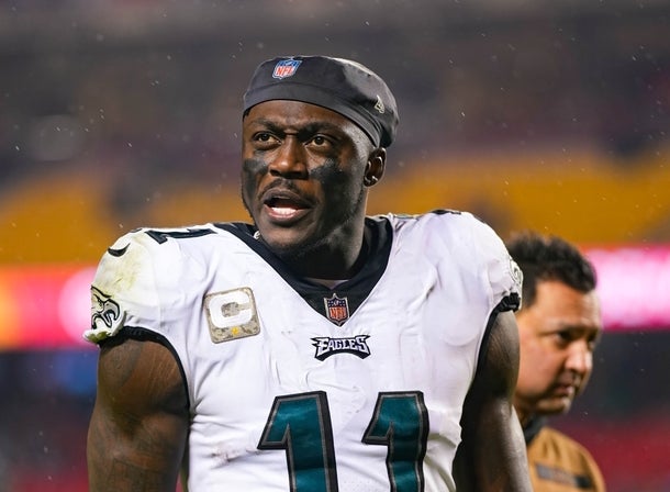 Philadelphia Eagles wide receiver A.J. Brown (11) leaves the field after defeating the Kansas City Chiefs at GEHA Field at Arrowhead Stadium.
