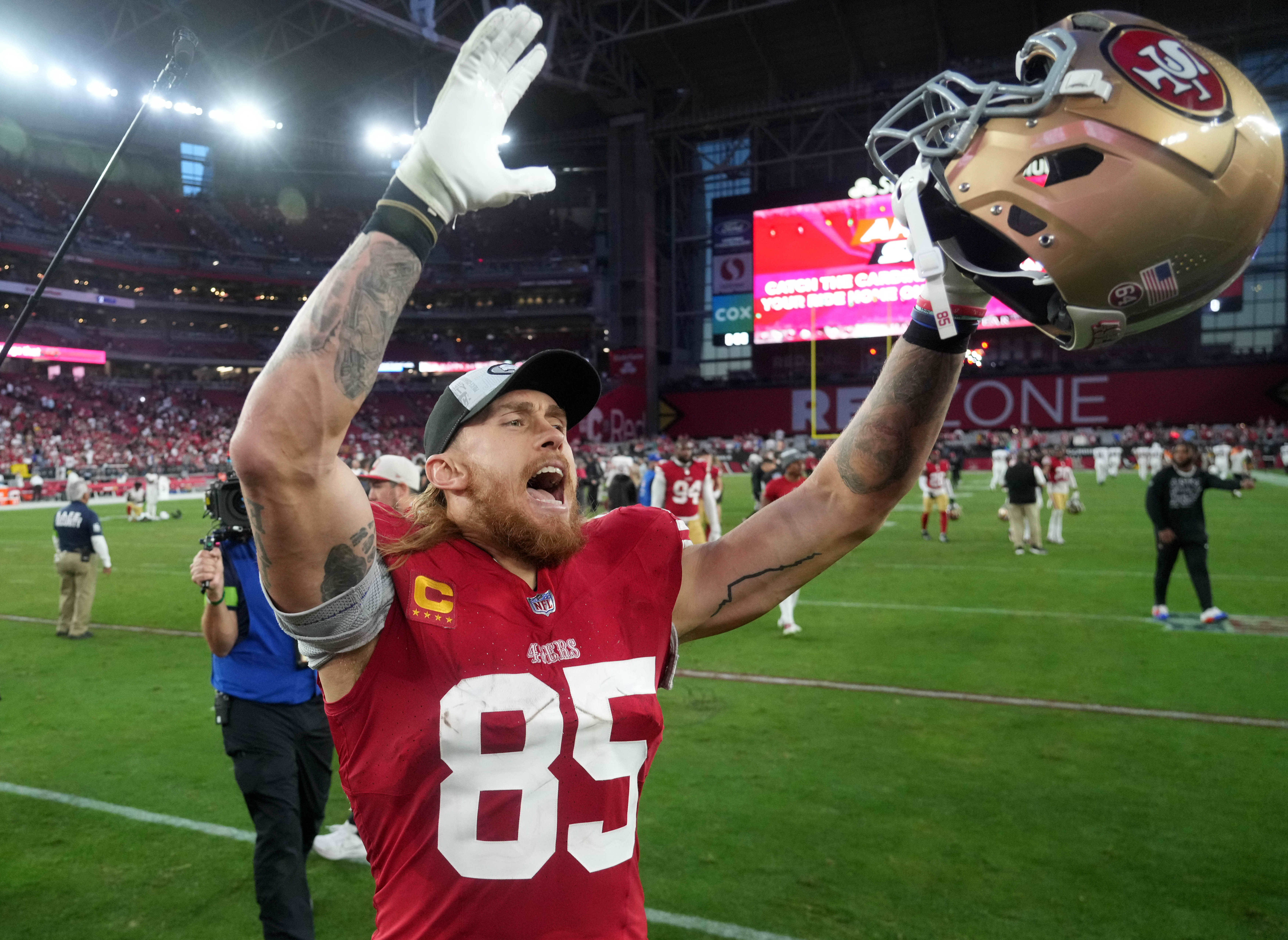 Dec 17, 2023; Glendale, Arizona, USA; San Francisco 49ers tight end George Kittle (85) celebrates after the game against the Arizona Cardinals at State Farm Stadium.