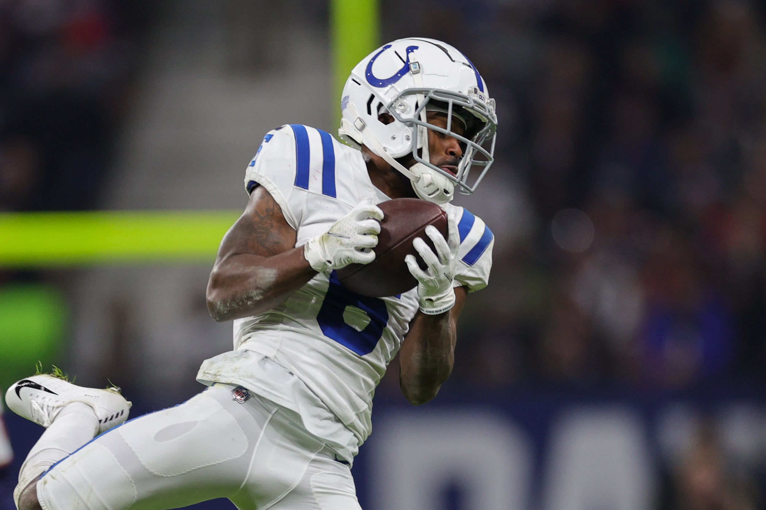 Nov 12, 2023; Frankfurt, Germany; Indianapolis Colts wide receiver Isaiah McKenzie (6) makes a catch against the New England Patriots in the third quarter during an International Series game at Deutsche Bank Park.