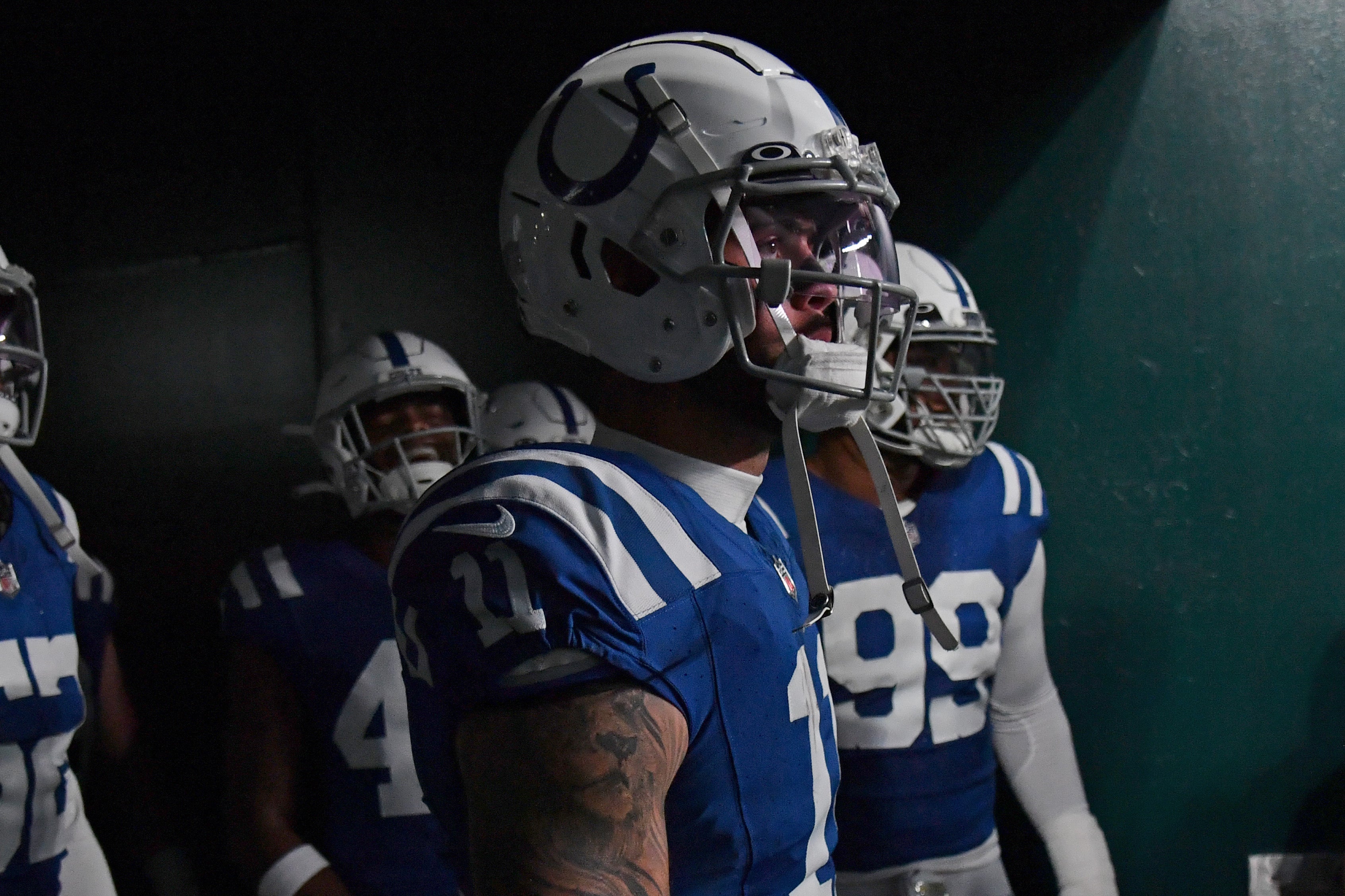 Aug 24, 2023; Philadelphia, Pennsylvania, USA; Indianapolis Colts wide receiver Michael Pittman Jr. (11) in the tunnel against the Philadelphia Eagles at Lincoln Financial Field.