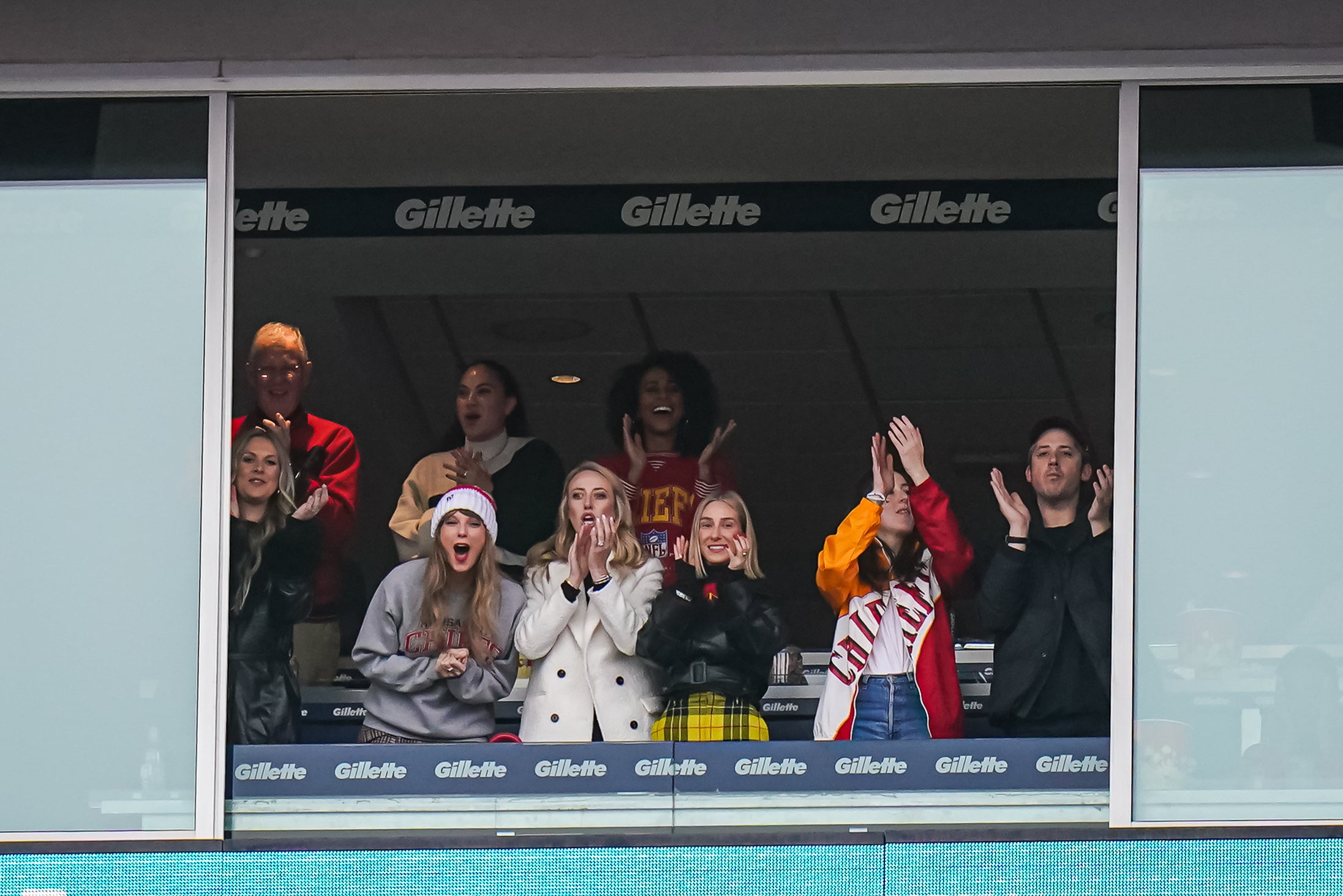 Pop star Taylor Swift react as the Kansas City Chiefs score against the New England Patriots in the second quarter at Gillette Stadium