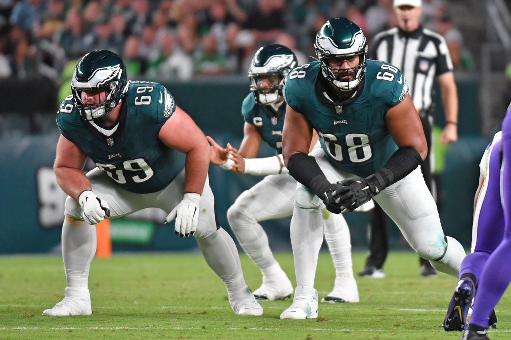 Philadelphia Eagles guard Landon Dickerson (69) and offensive tackle Jordan Mailata (68) against the Minnesota Vikings at Lincoln Financial Field.