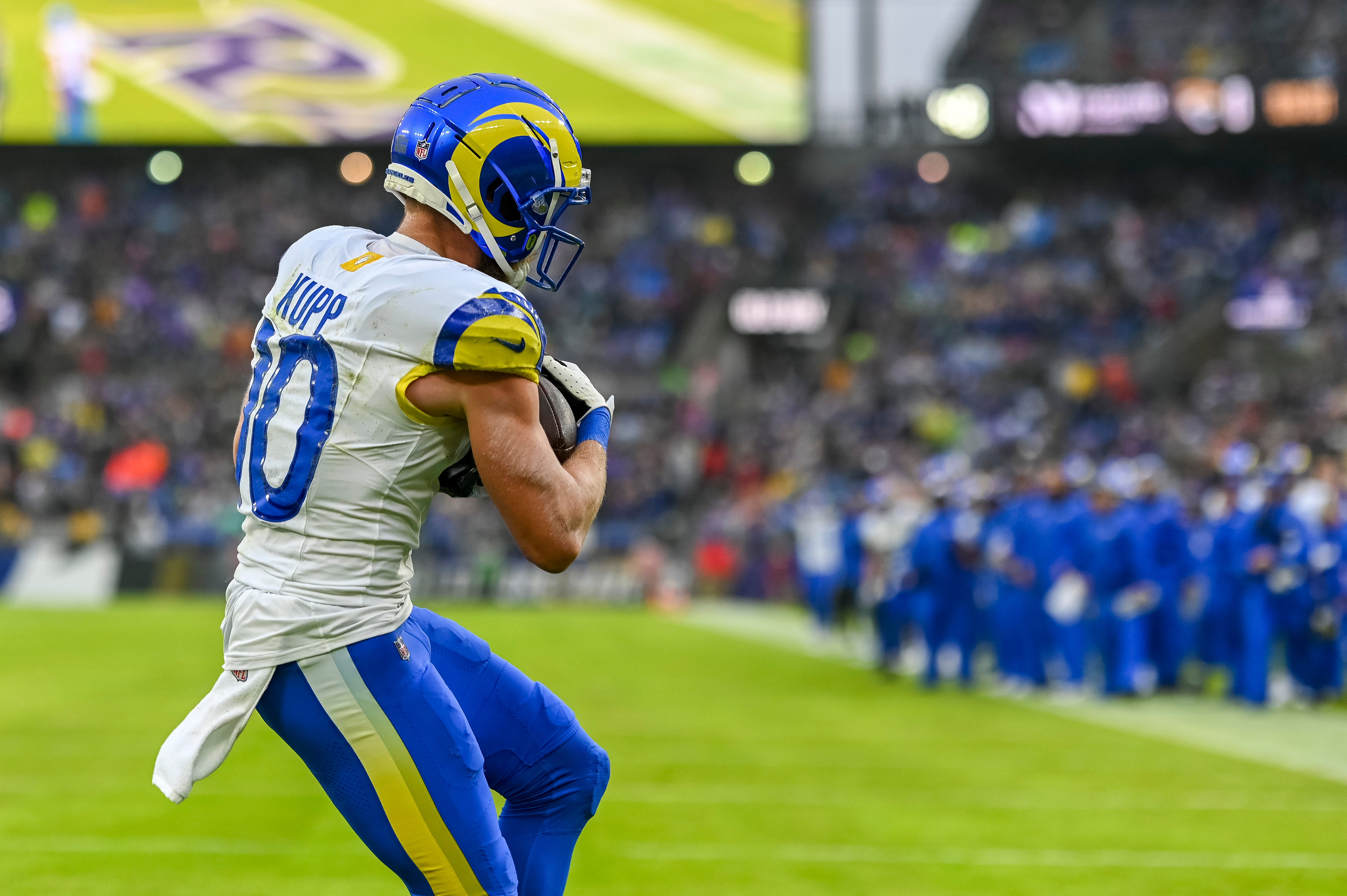 Dec 10, 2023; Baltimore, Maryland, USA; Los Angeles Rams wide receiver Cooper Kupp (10) catches a pass for a second quarter touchdown against the Baltimore Ravens at M&T Bank Stadium. Mandatory Credit: Tommy Gilligan-USA TODAY